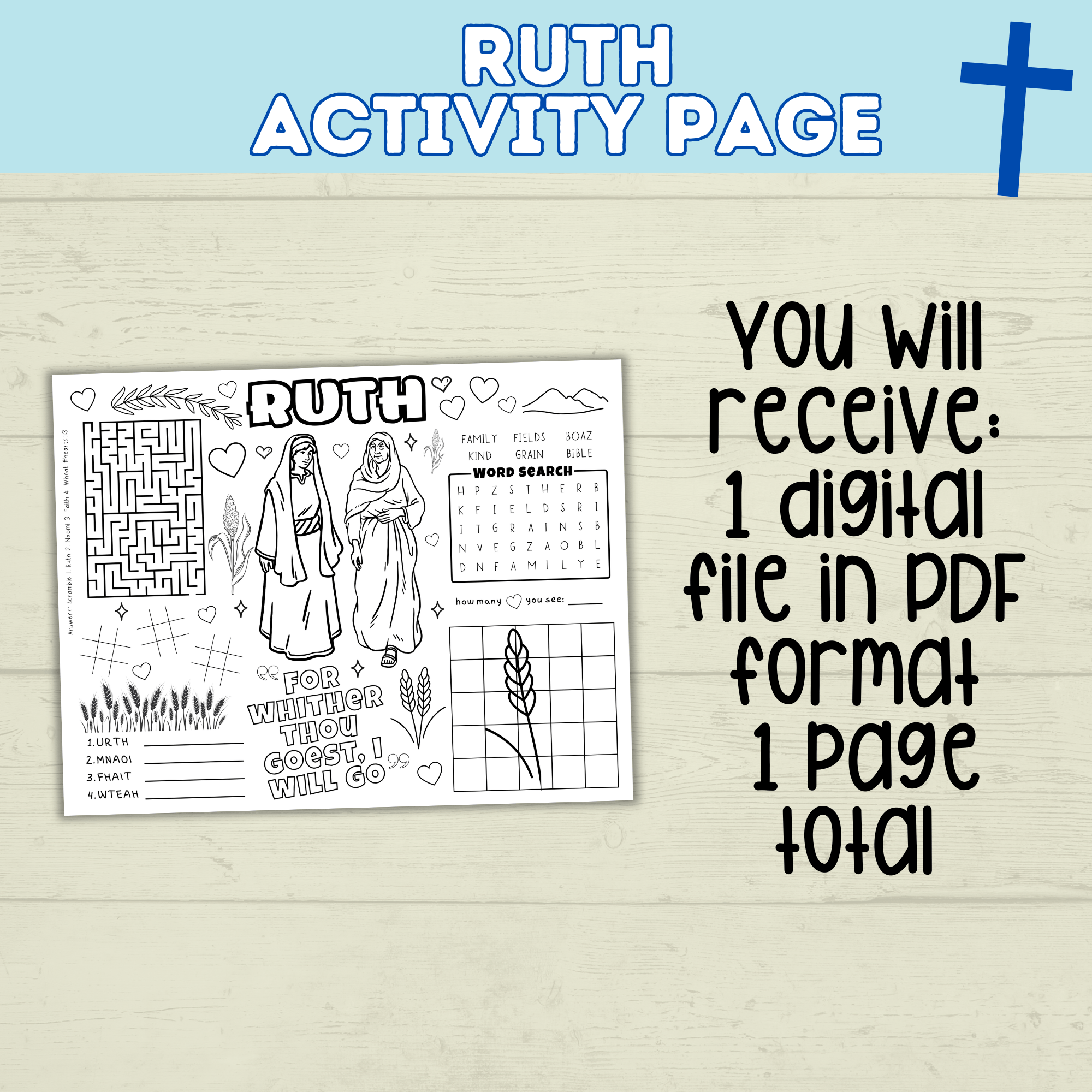 Bible Activity Page | Ruth Coloring Page | Ruth and Naomi | Ruth and Boaz | Christian Digital Download | Bible Craft | Activity Printable