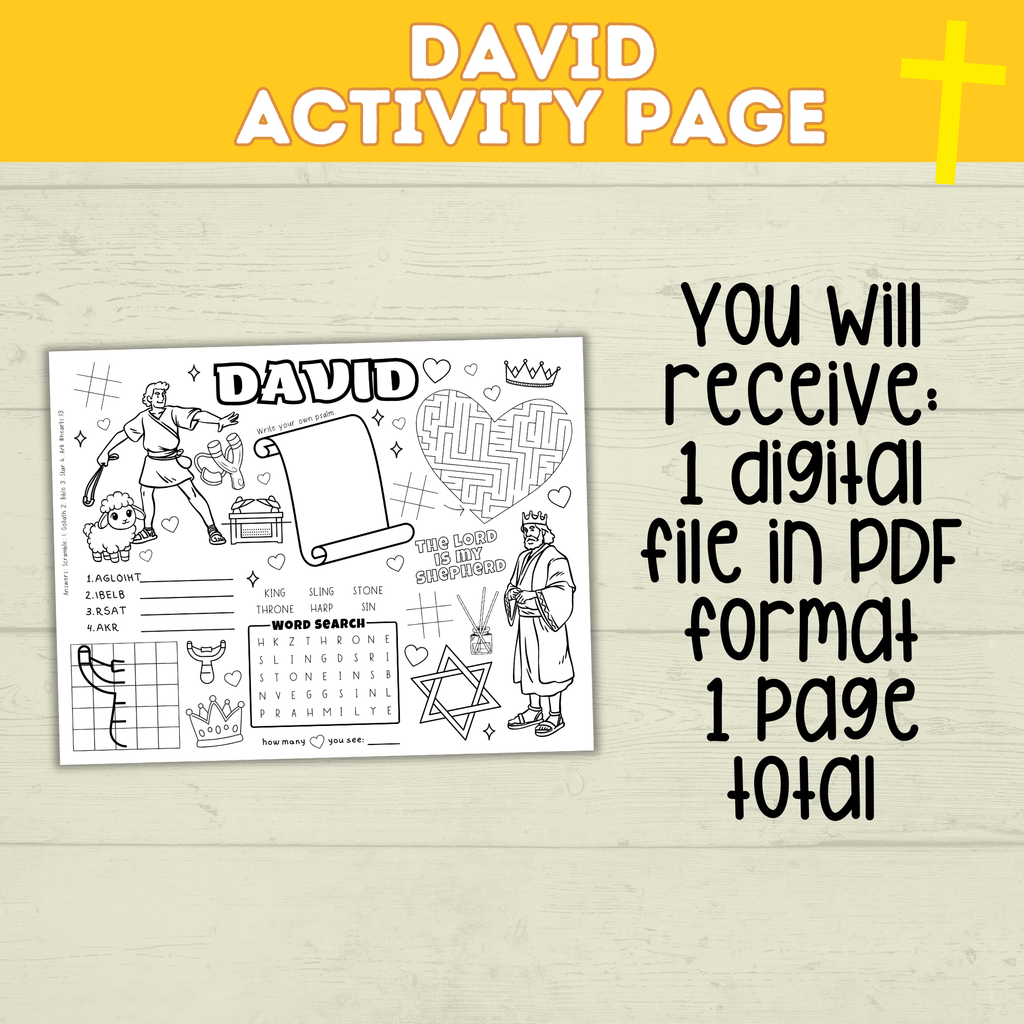 King David Activity Sheet for Kids | Bible Activity | Coloring Sheet | Activity Placemat | Lesson Plan | Star of David | Church | Digital