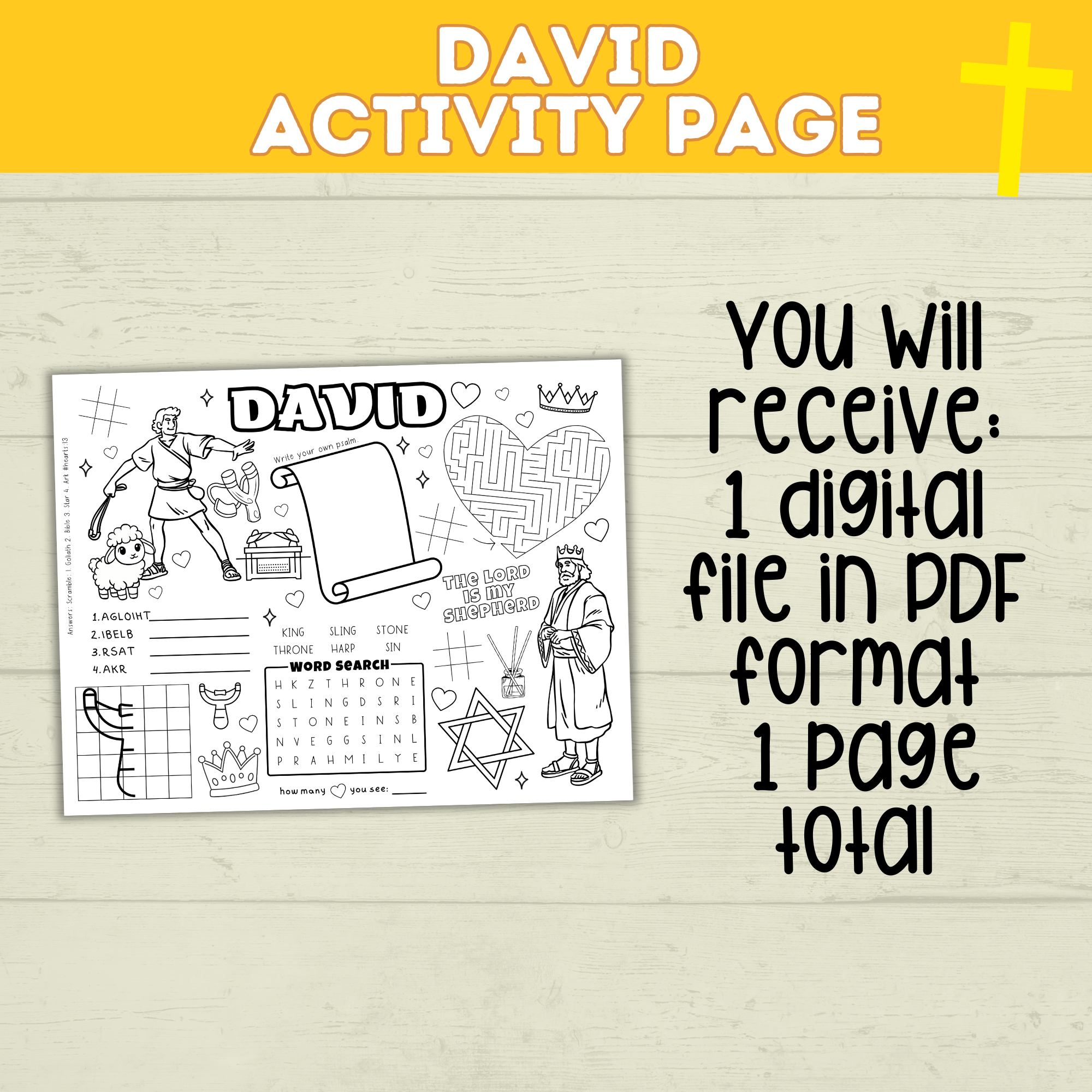 King David Activity Sheet for Kids | Bible Activity | Coloring Sheet | Activity Placemat | Lesson Plan | Star of David | Church | Digital