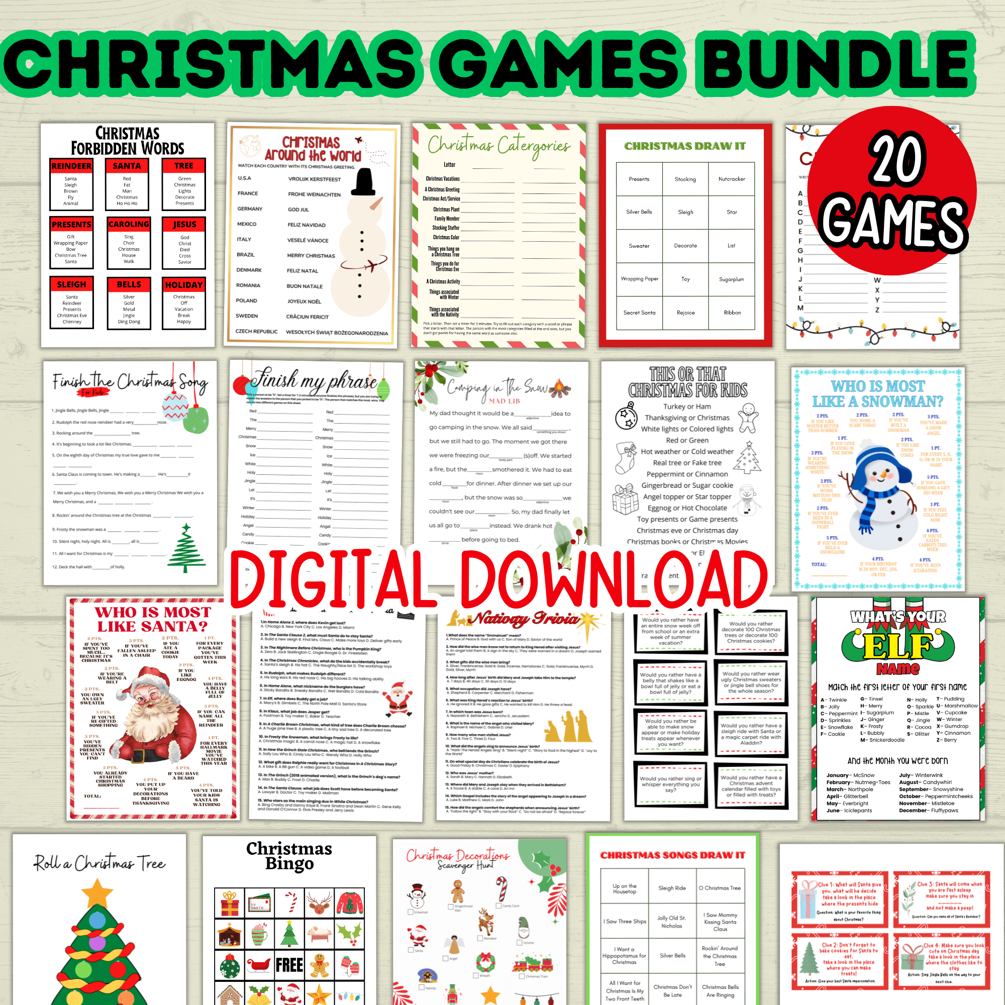 Christmas Holiday Party Games Bundle for Classrooms, Family Reunions, Kids, Adults