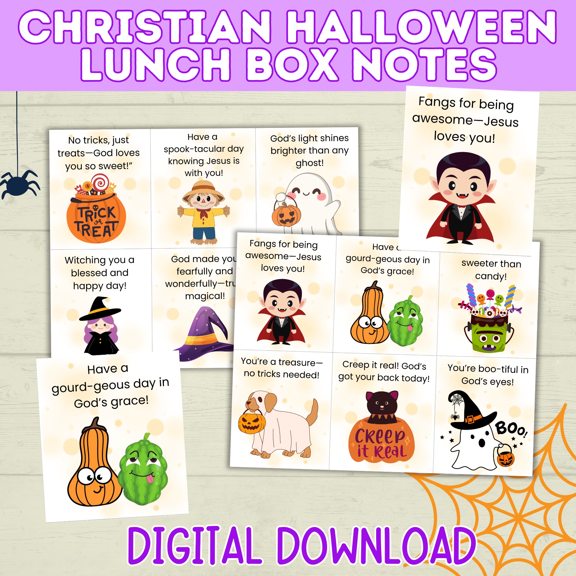 Christian Halloween Tags & Lunch Box Notes – Scripture Encouragement Cards for Kids | PDF digital download | Halloween Bible Notes