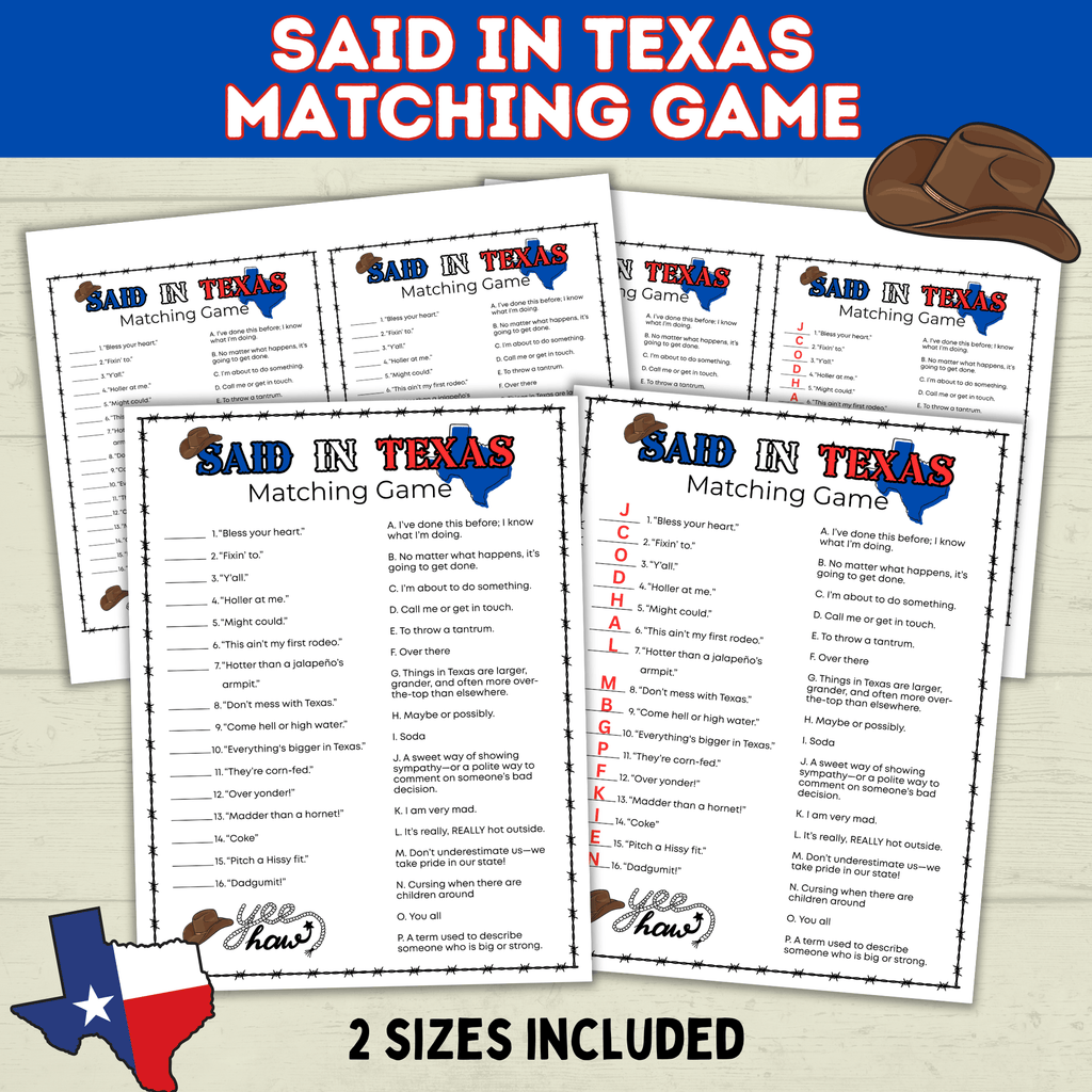 Texas | Texas Game | Texas Party | Said in Texas Matching Game | Texans | Family Game | Kids Game | Printable Game | Instant Download