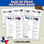 Texas | Texas Game | Texas Party | Said in Texas Matching Game | Texans | Family Game | Kids Game | Printable Game | Instant Download