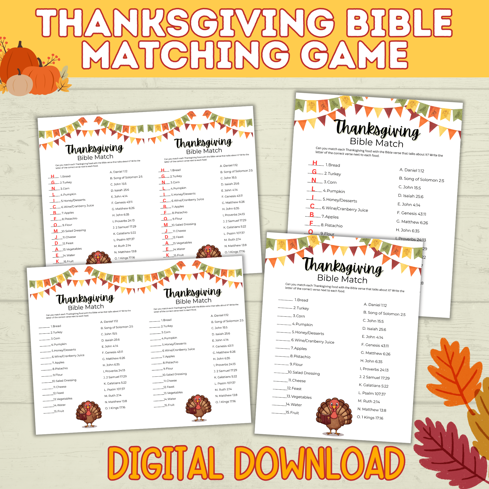 Thanksgiving Bible Match Game Printable for Kids and Adults | Digital Download in 2 Sizes | PDF Bible Game | Thanksgiving Printables