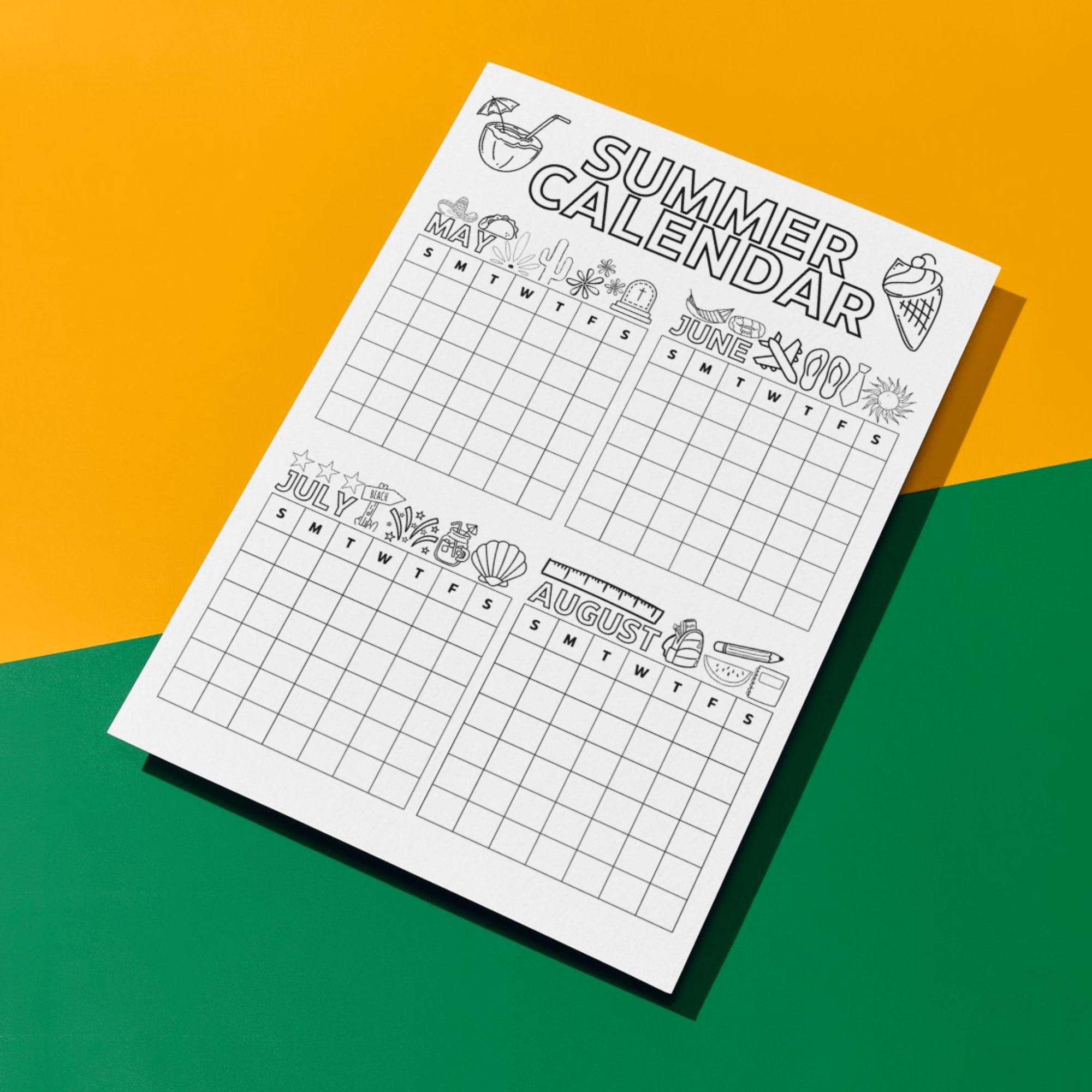 Summer Poster Calendar for Kids and Family | Summer Calendar | Summer Schedules | Summer Coloring Pages | Summer Activities | Kids Calendar