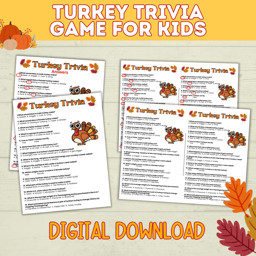 Turkey Trivia | Thanksgiving Trivia | Trivia for Kids | Digital Download | Thanksgiving Games | Thanksgiving Activities | Thanksgiving