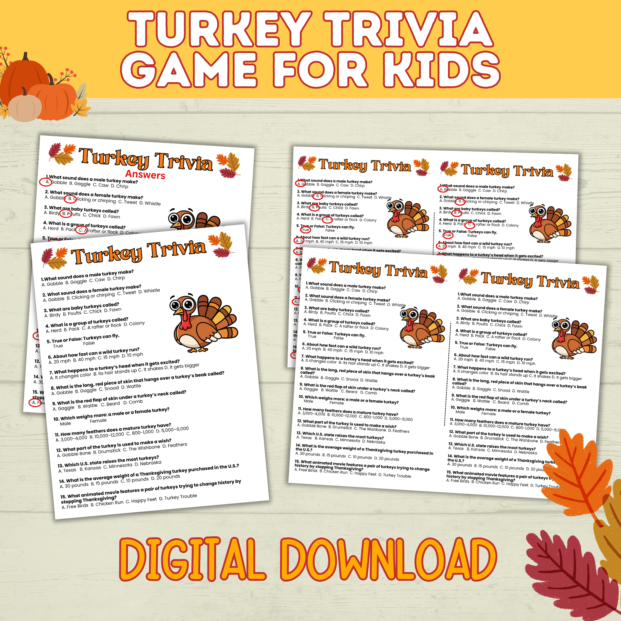 Turkey Trivia | Thanksgiving Trivia | Trivia for Kids | Digital Download | Thanksgiving Games | Thanksgiving Activities | Thanksgiving