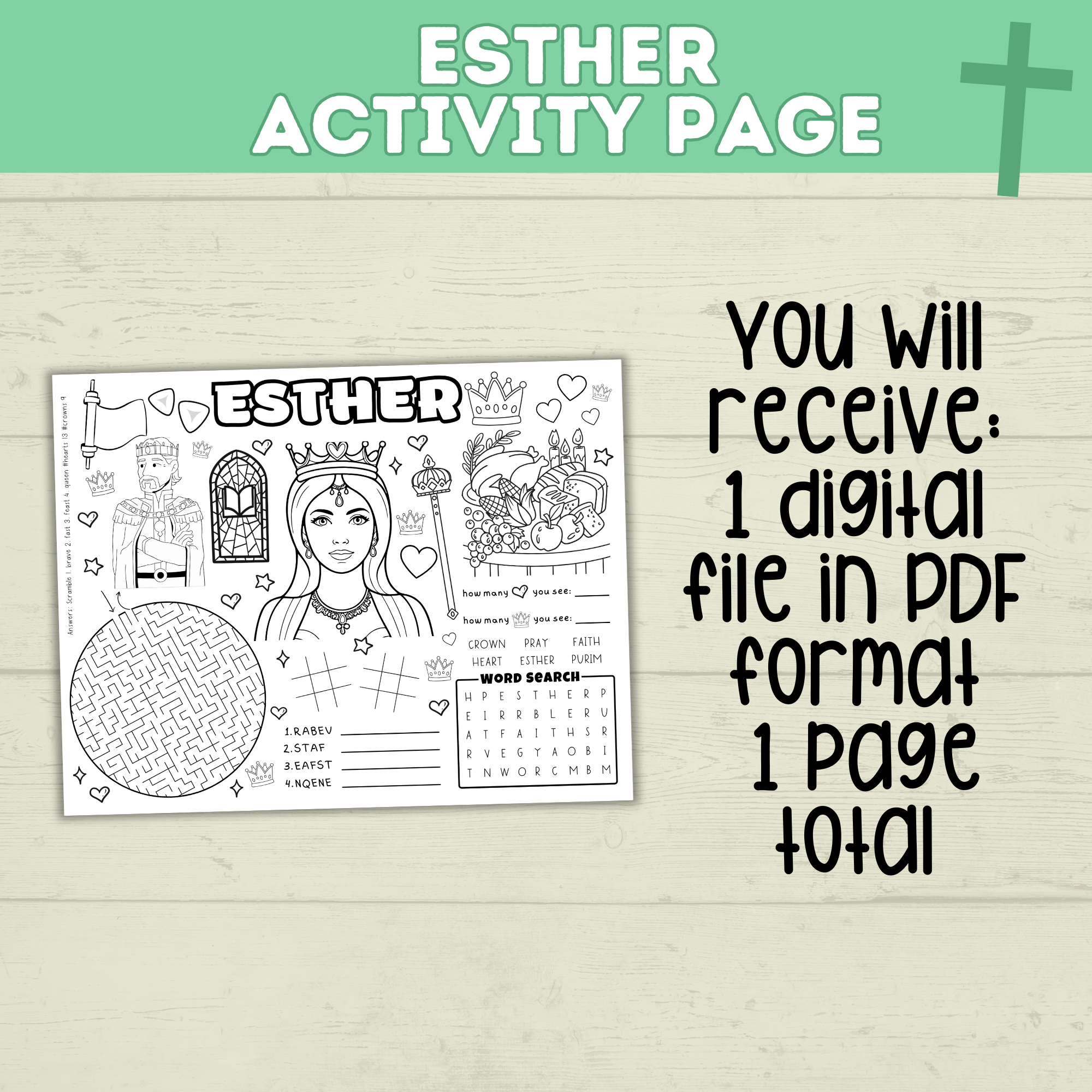 Esther Activity Page for Kids | Bible Craft | Bible Activity Page | Queen Esther | Scripture Printable | Queen Esther Story | Digital