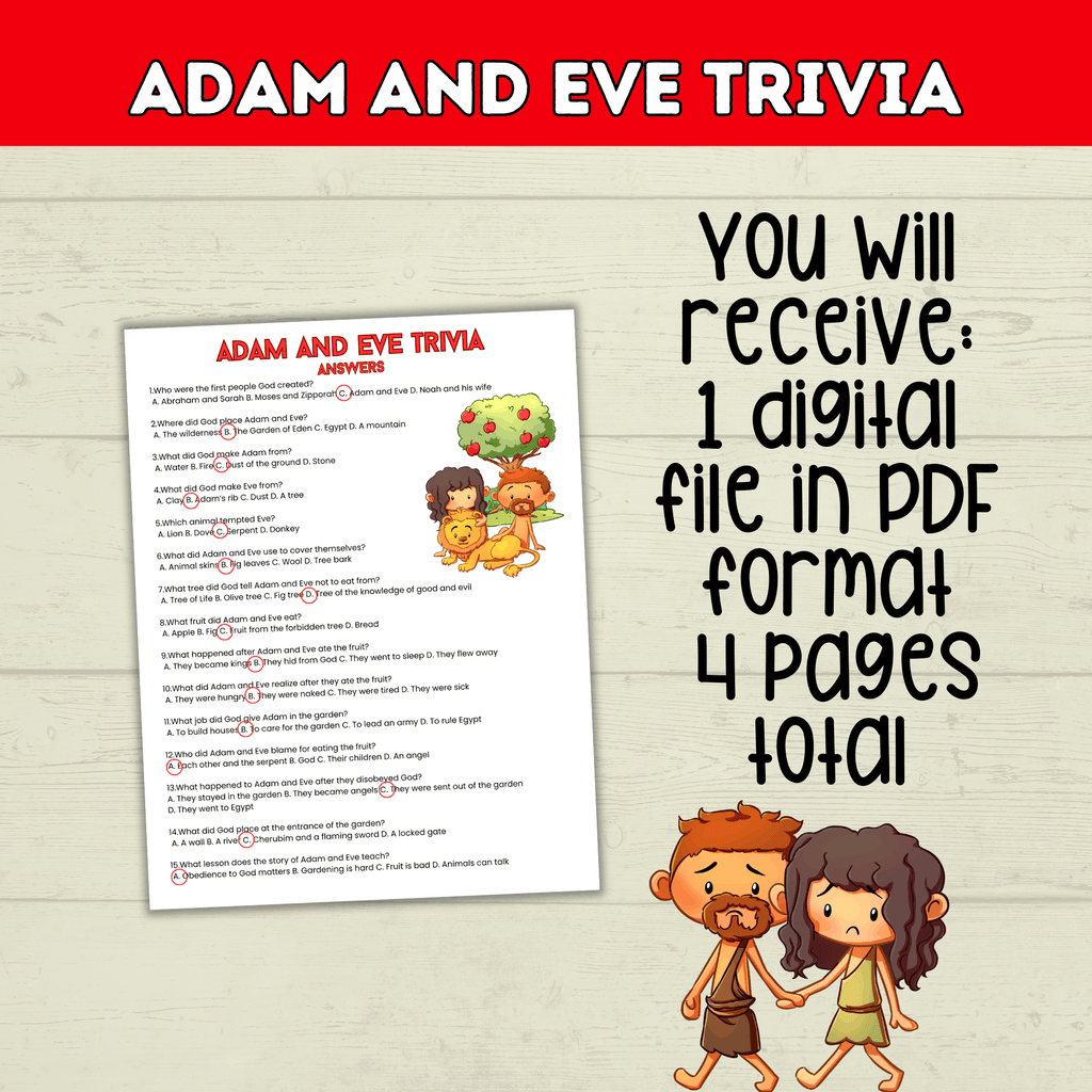 Adam and Eve Trivia Printable for Kids, Garden of Eden, Bible Characters, Sunday School Lesson