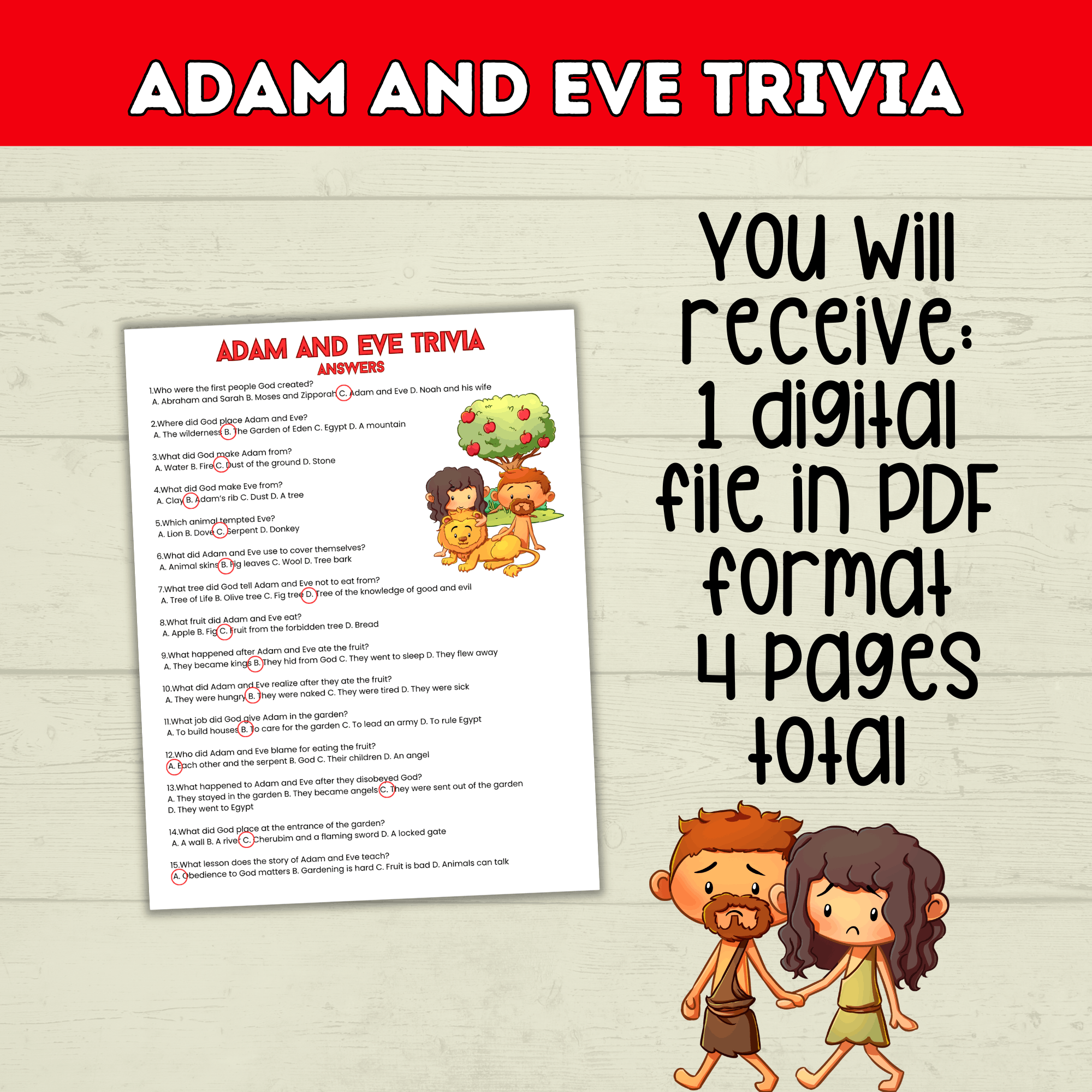 Adam and Eve Trivia Printable for Kids, Garden of Eden, Bible Characters, Sunday School Lesson
