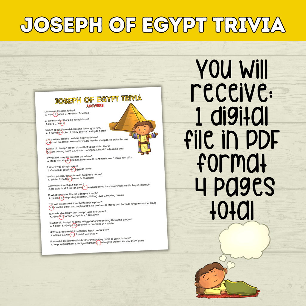 Prince Joseph and the Coat of Many Colors in Egypt Bible Story Trivia, Genesis Bible Lesson, Old Testament Activity, Homeschool, Church