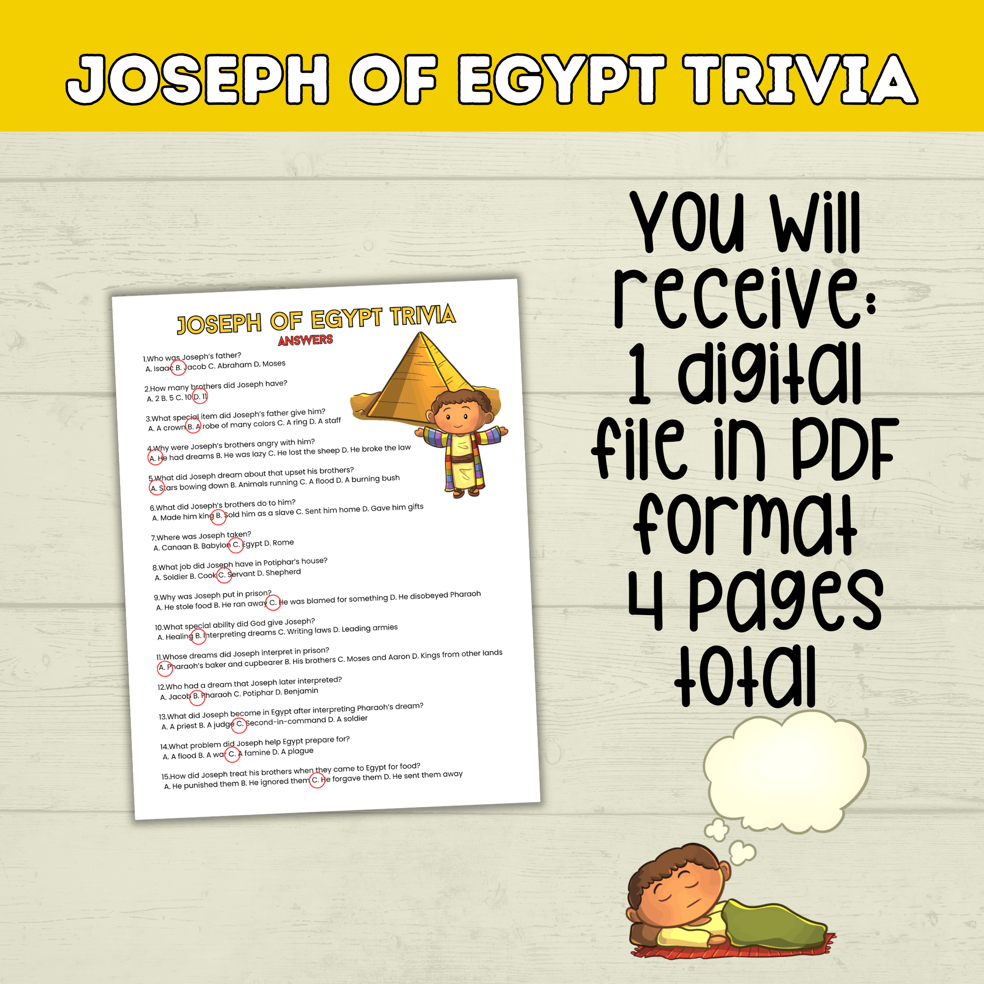 Prince Joseph and the Coat of Many Colors in Egypt Bible Story Trivia, Genesis Bible Lesson, Old Testament Activity, Homeschool, Church