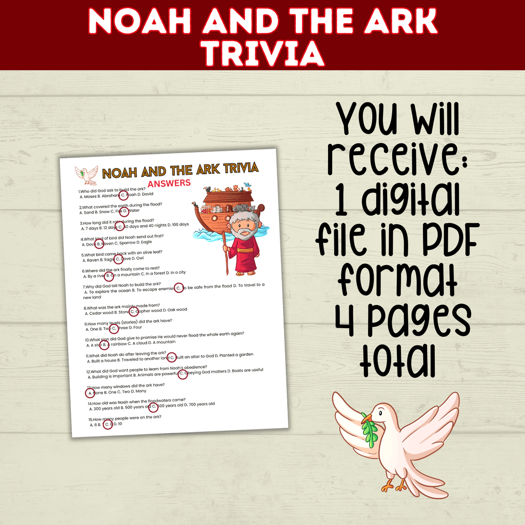 Noah's Ark Trivia Game Printable Old Testament Activity, Sunday School, Church, Homeschool Genesis Lesson, Bible Characters