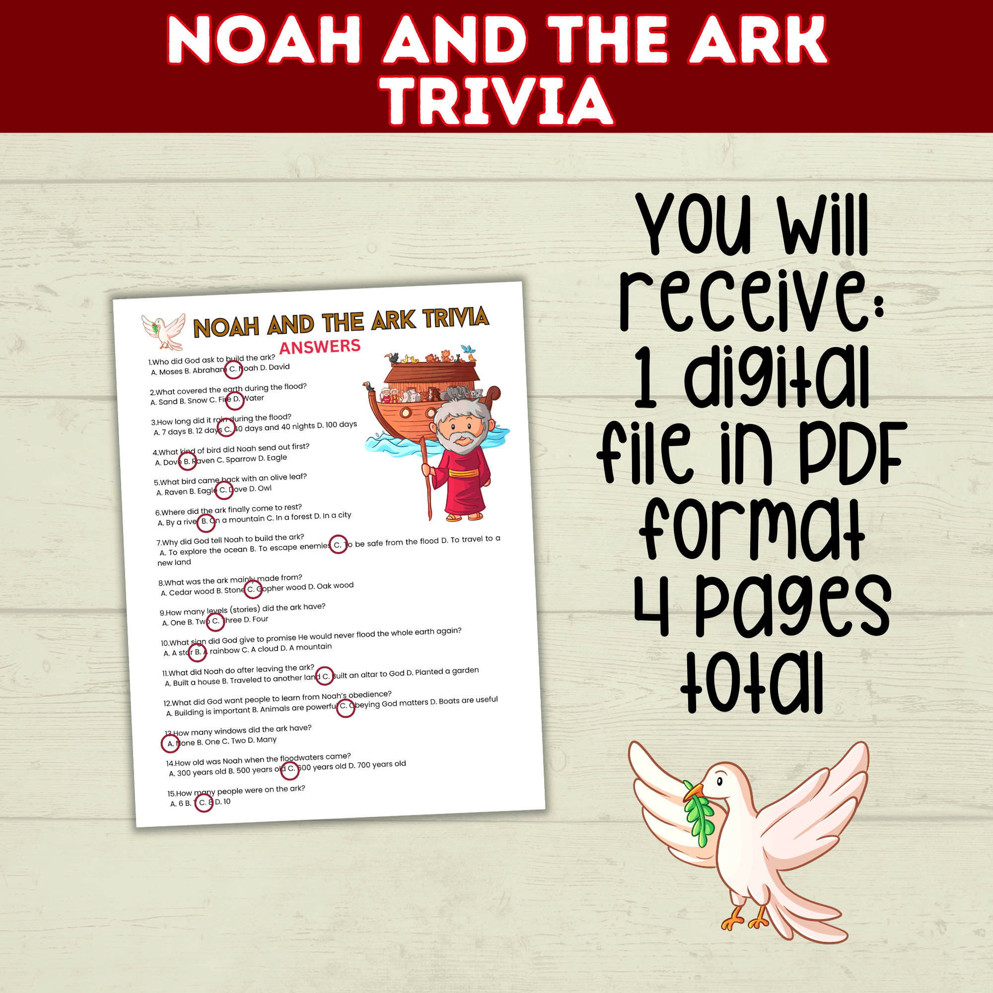 Noah's Ark Trivia Game Printable Old Testament Activity, Sunday School, Church, Homeschool Genesis Lesson, Bible Characters