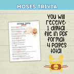 Moses Trivia Bible Game for Kids, Sunday School Old Testament Activity, Bible Lesson for Kids, Homeschool, Church Printable