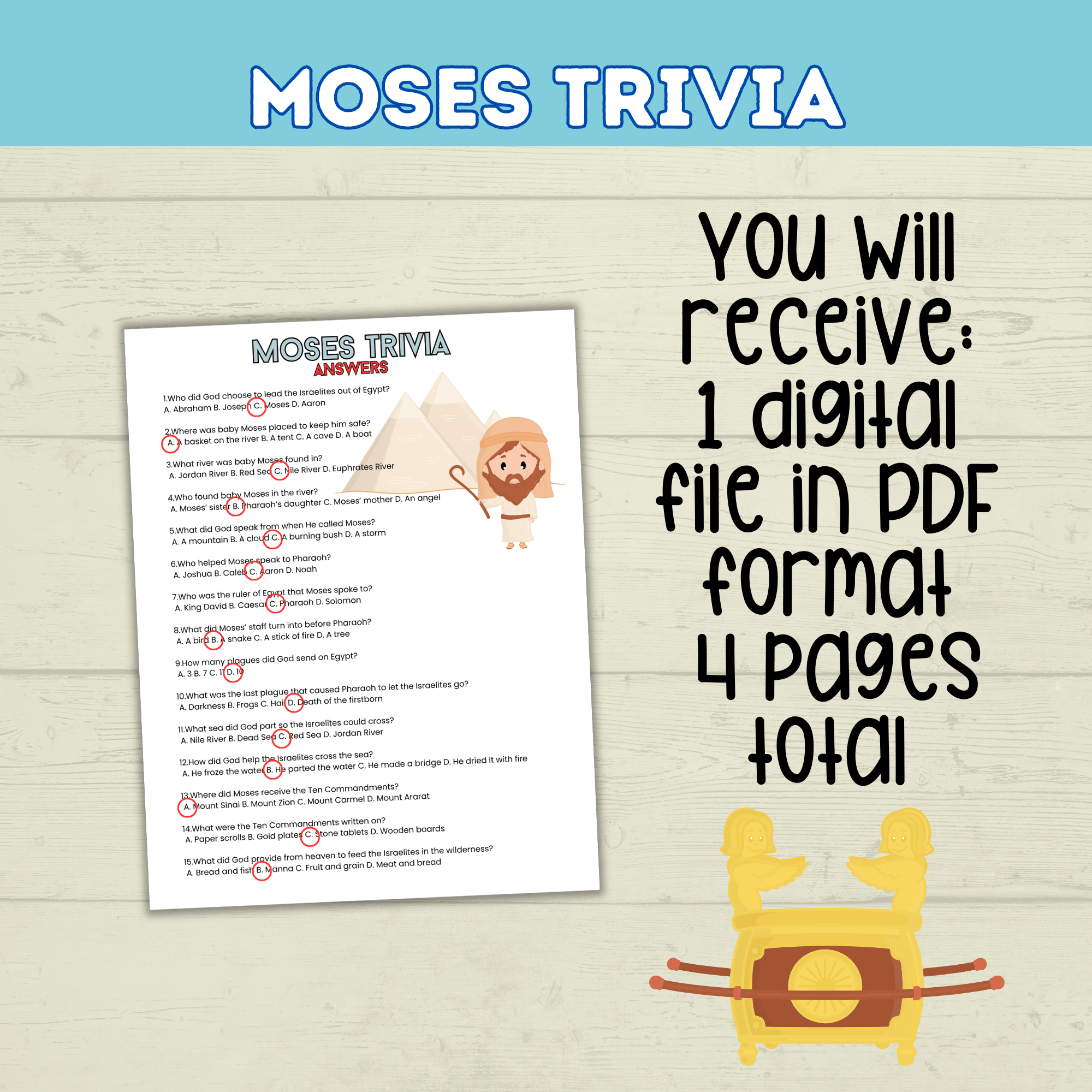 Moses Trivia Bible Game for Kids, Sunday School Old Testament Activity, Bible Lesson for Kids, Homeschool, Church Printable