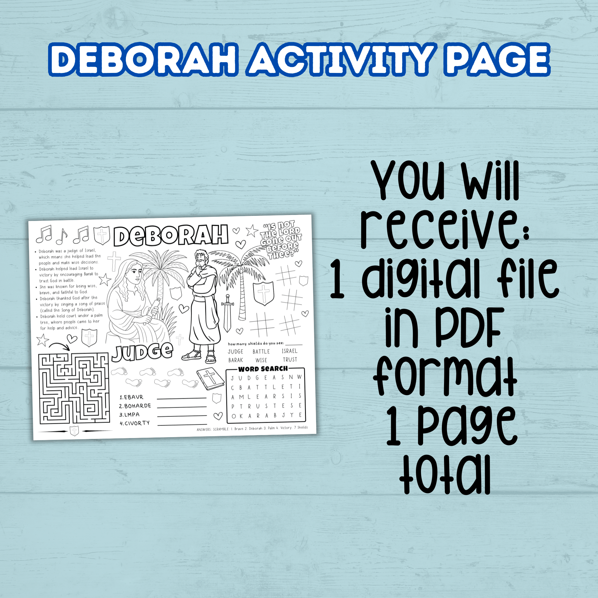 Bible Deborah Story Activity Page, Sunday School Craft, Christian Activity, Bible Lesson for Kids, Faith Lesson