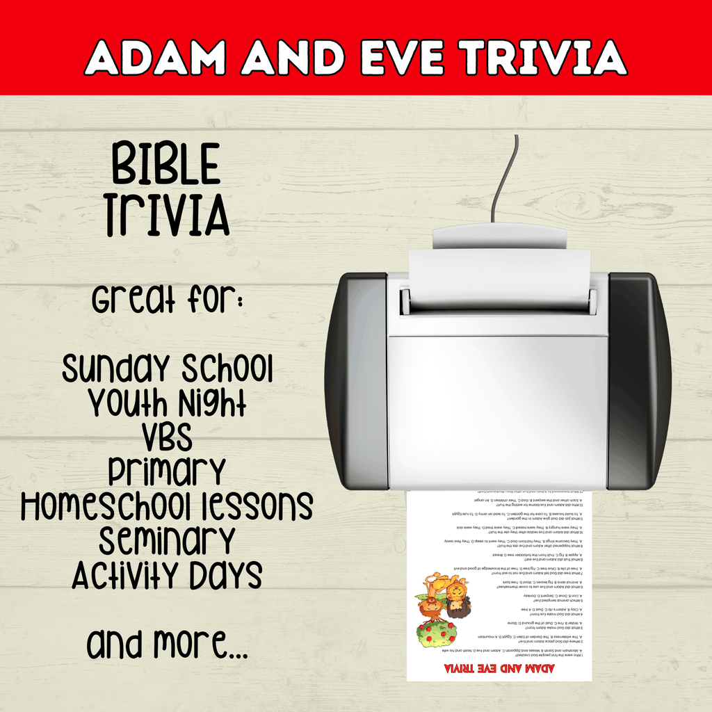 Adam and Eve Trivia Printable for Kids, Garden of Eden, Bible Characters, Sunday School Lesson