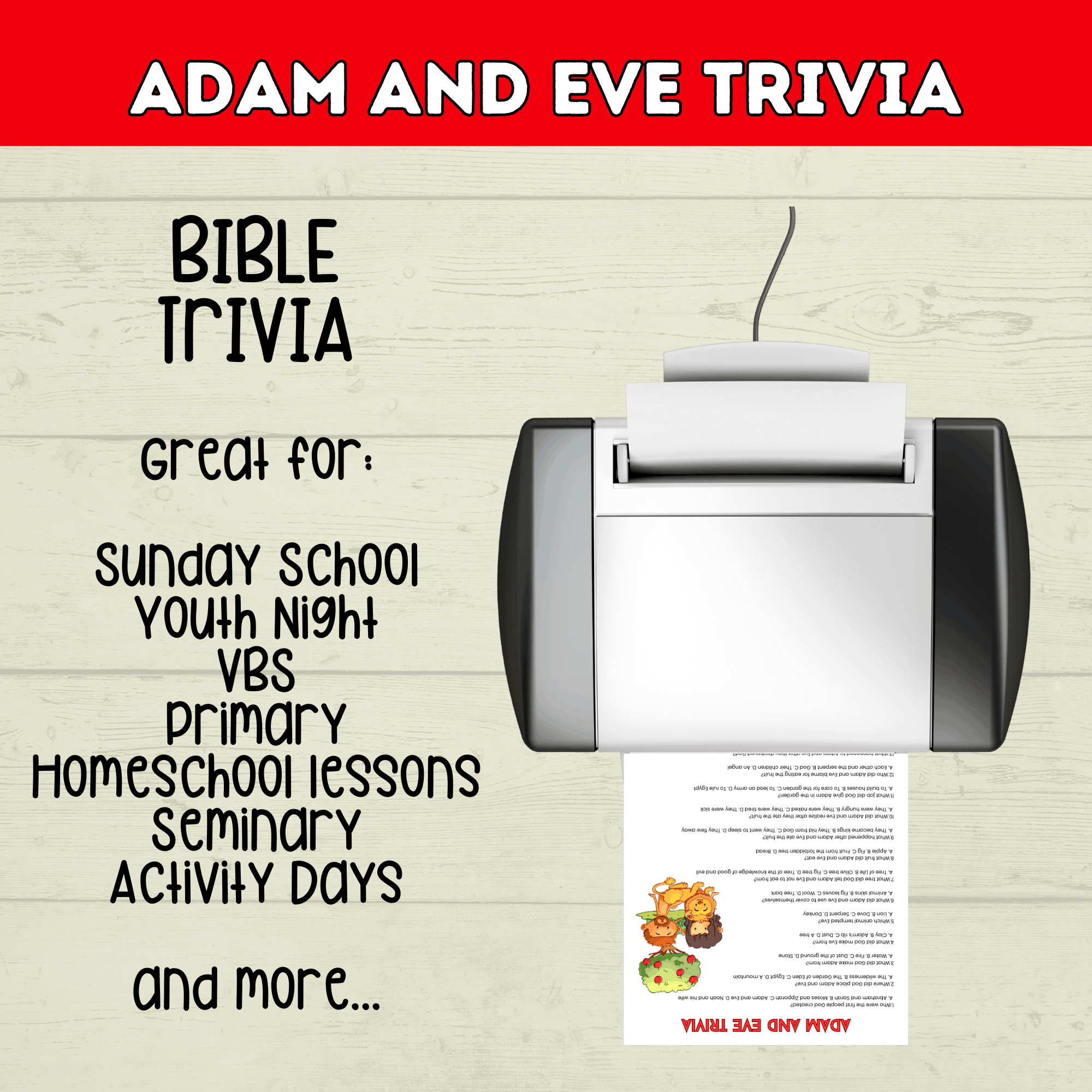 Adam and Eve Trivia Printable for Kids, Garden of Eden, Bible Characters, Sunday School Lesson