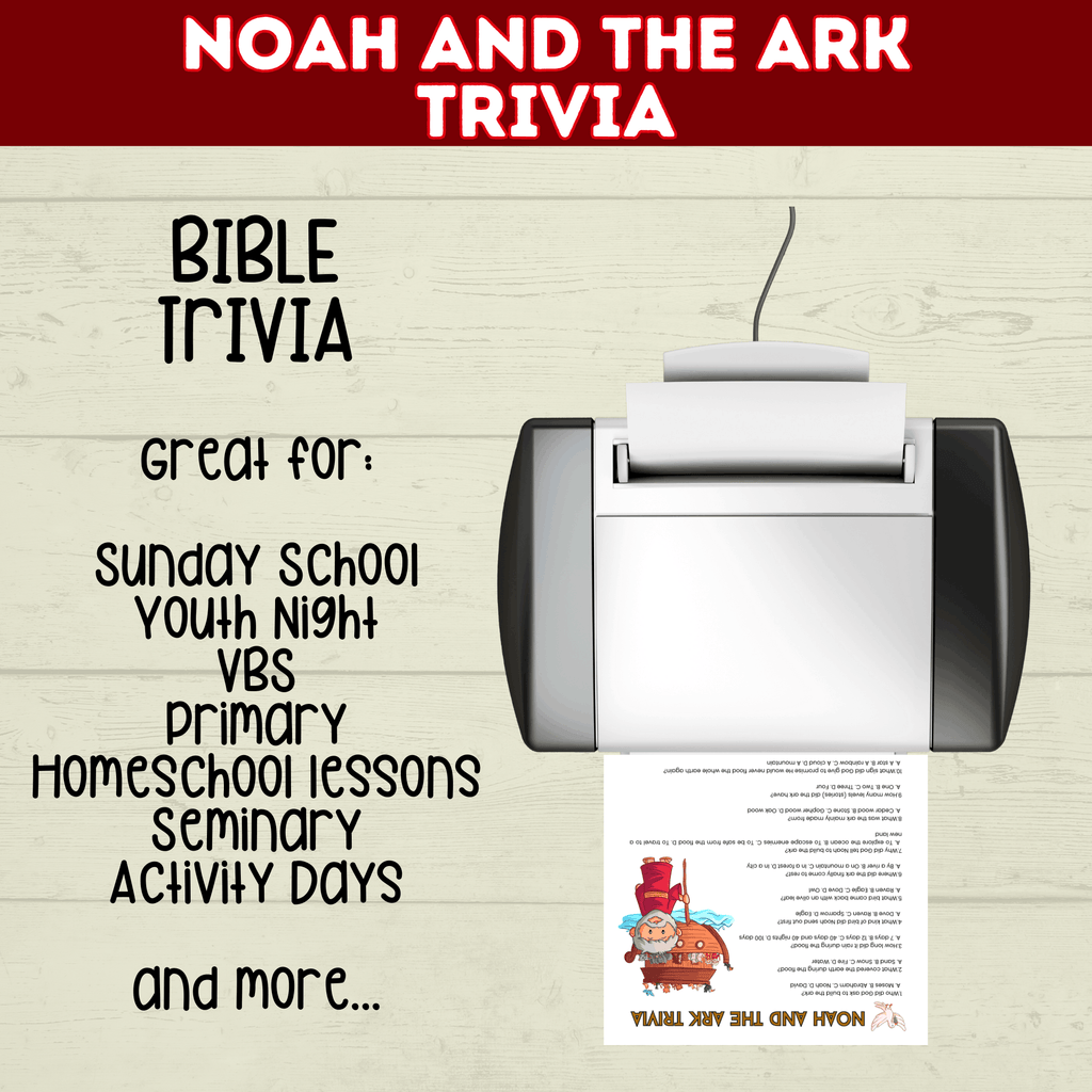 Noah's Ark Trivia Game Printable Old Testament Activity, Sunday School, Church, Homeschool Genesis Lesson, Bible Characters