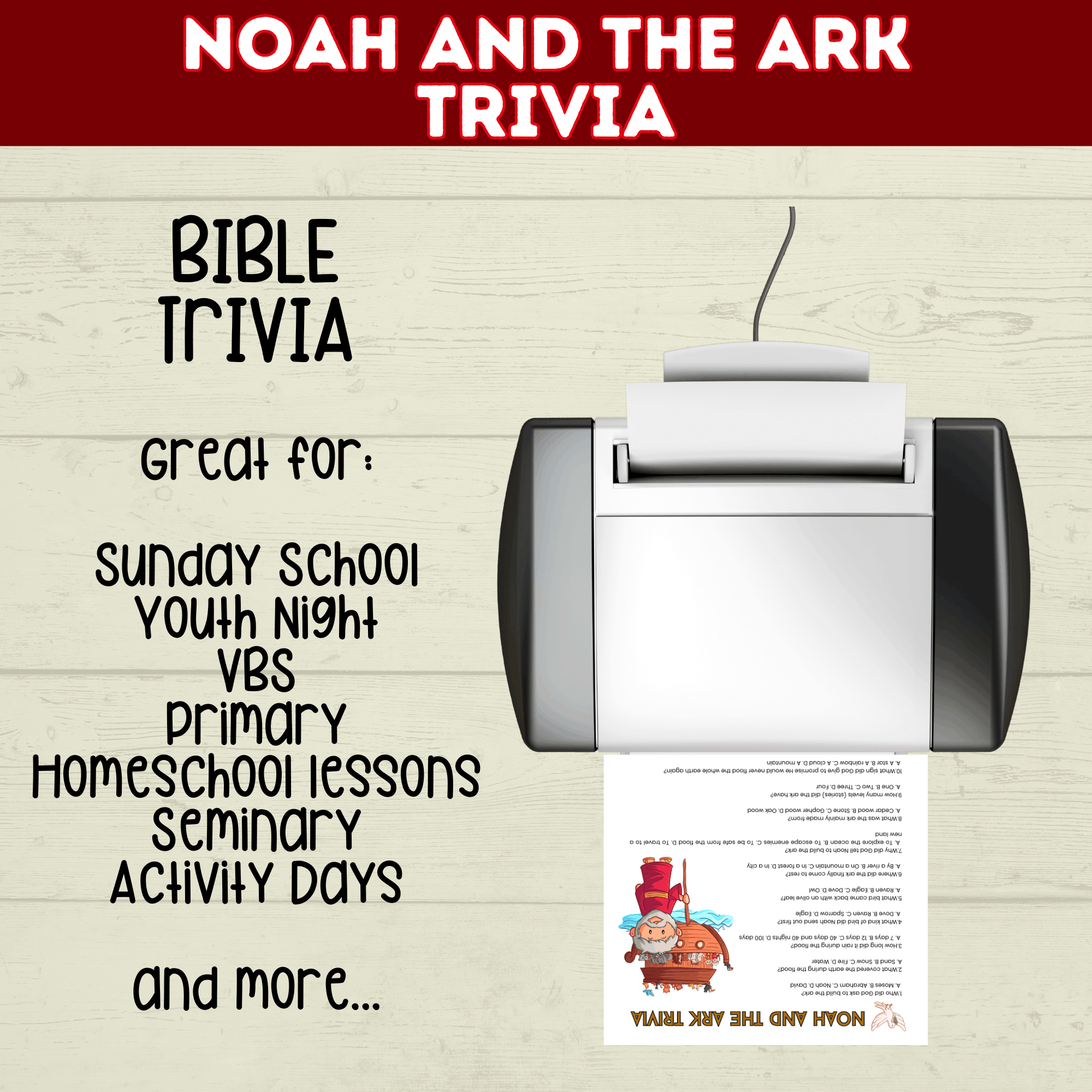 Noah's Ark Trivia Game Printable Old Testament Activity, Sunday School, Church, Homeschool Genesis Lesson, Bible Characters