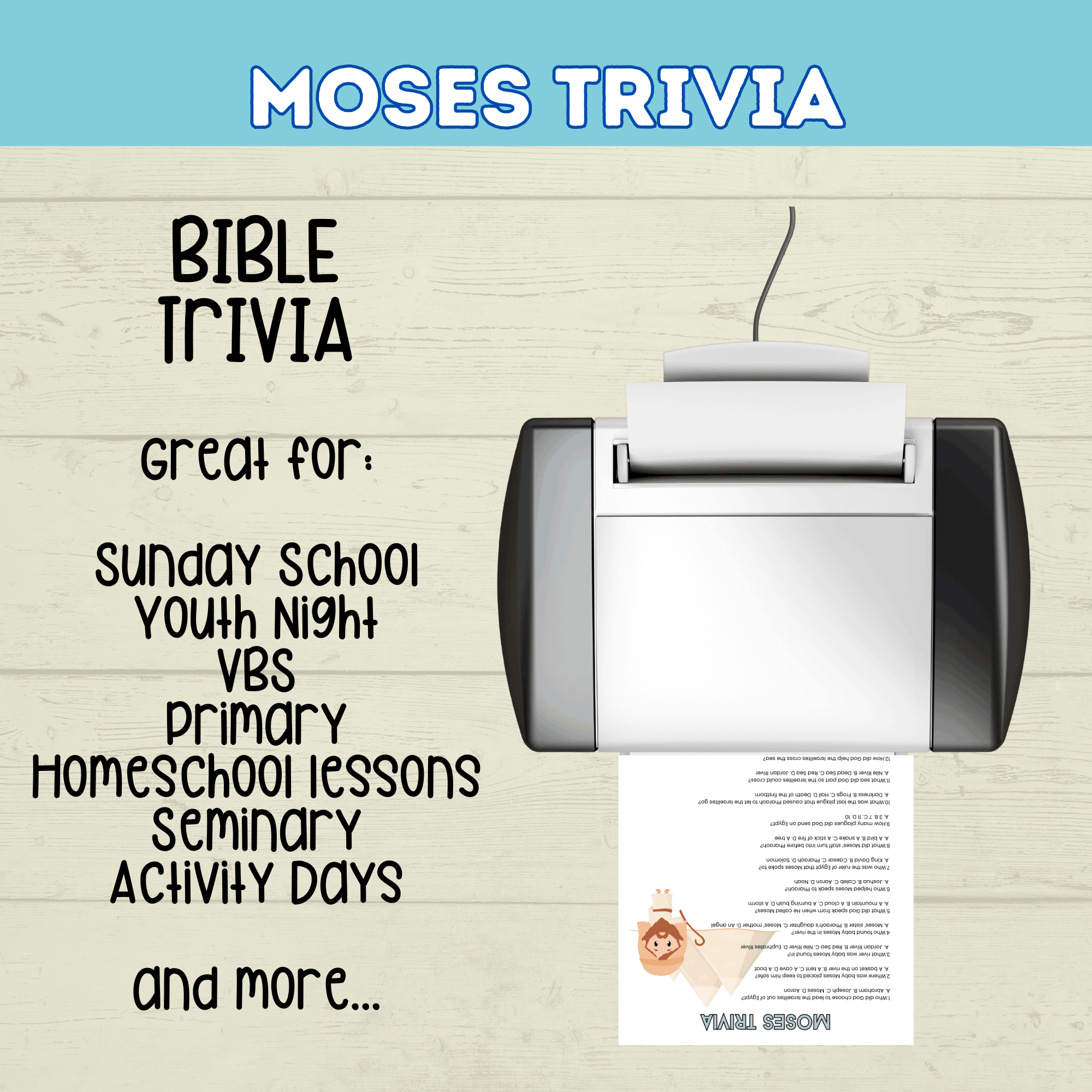 Moses Trivia Bible Game for Kids, Sunday School Old Testament Activity, Bible Lesson for Kids, Homeschool, Church Printable