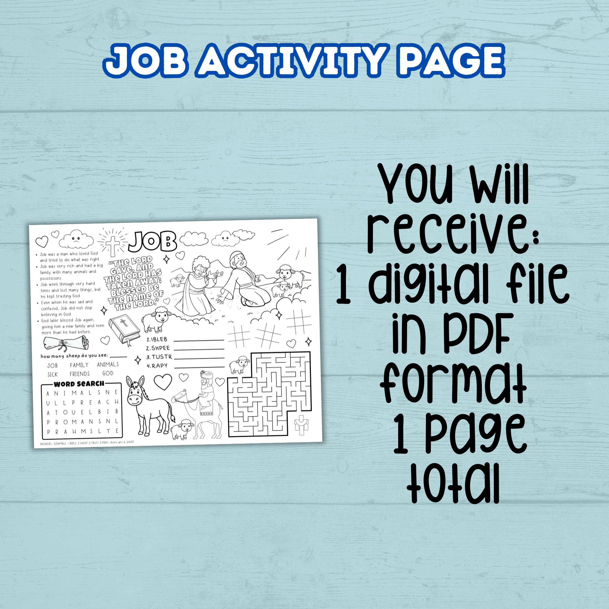 Bible Job Story Activity Page, Sunday School Craft, Christian Activity, Bible Lesson for Kids, Faith Lesson