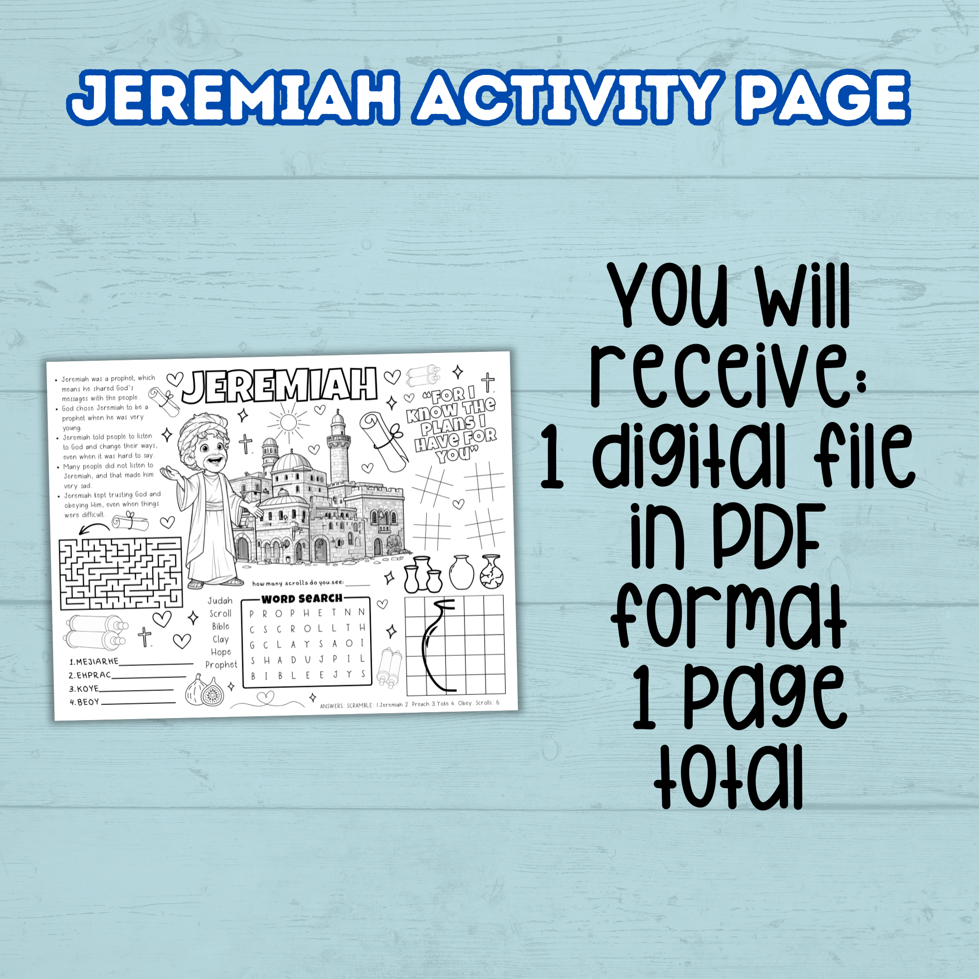 Bible Jeremiah Story Activity Page, Sunday School Craft, Christian Activity, Bible Lesson for Kids, Faith Lesson