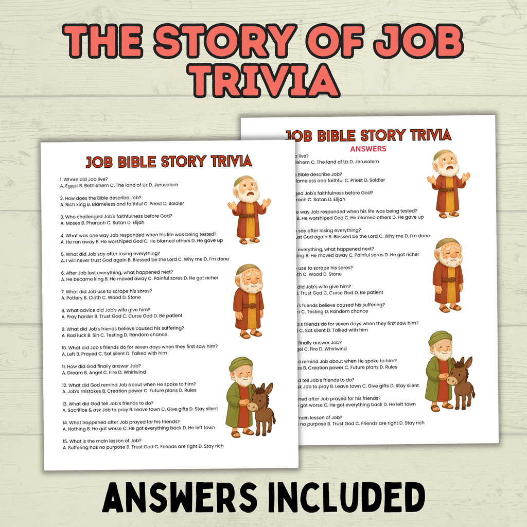 Job Trivia, Job Bible Story Trivia, Kids Trivia, Sunday School Activity, Bible Christian Game