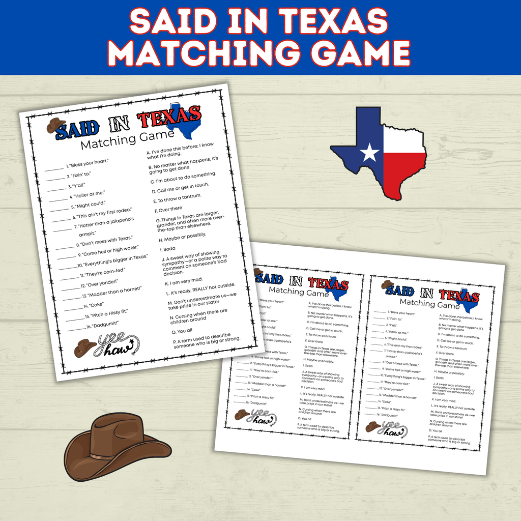 Texas | Texas Game | Texas Party | Said in Texas Matching Game | Texans | Family Game | Kids Game | Printable Game | Instant Download