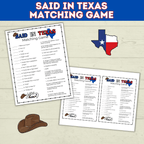 Texas | Texas Game | Texas Party | Said in Texas Matching Game | Texans | Family Game | Kids Game | Printable Game | Instant Download