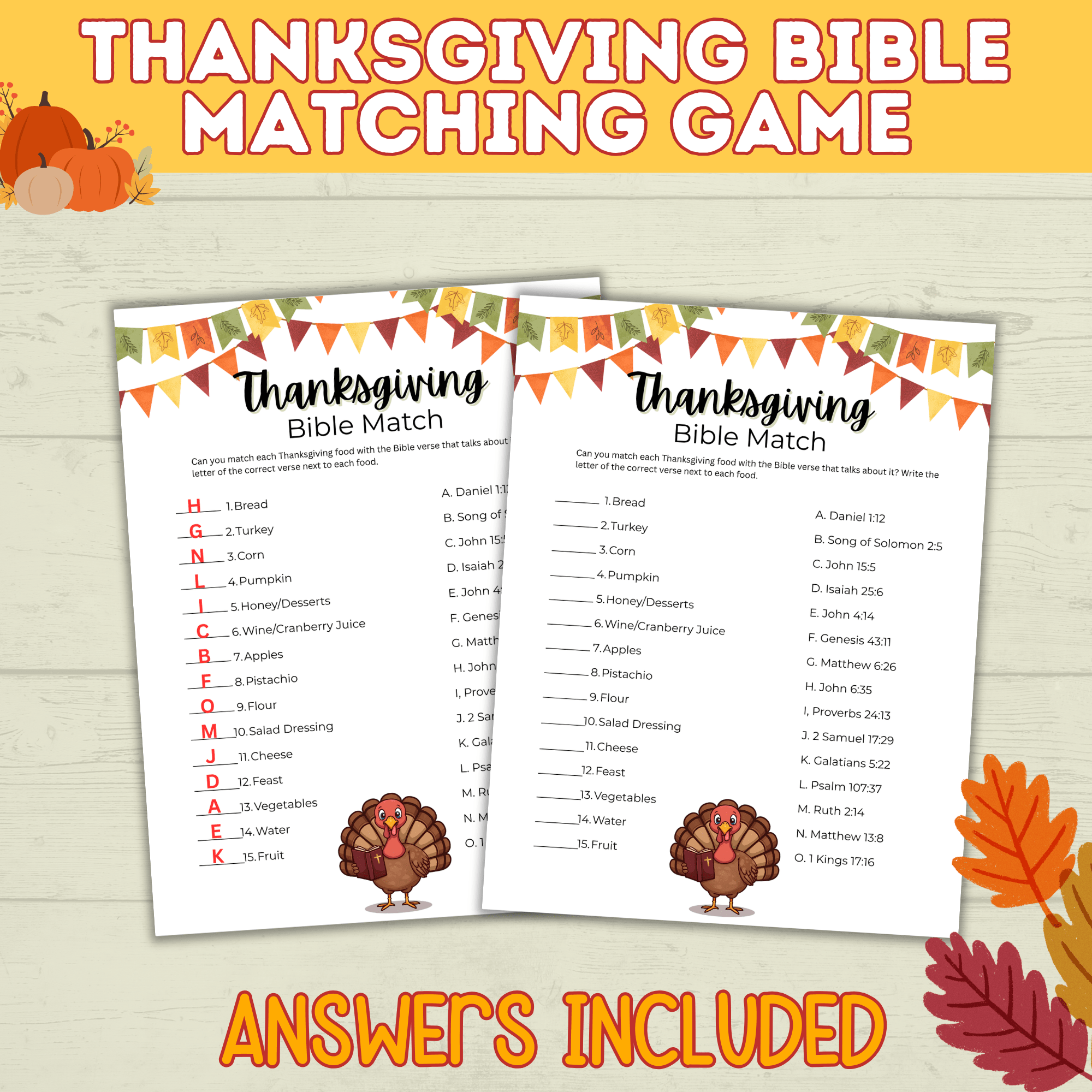 Thanksgiving Bible Match Game Printable for Kids and Adults | Digital Download in 2 Sizes | PDF Bible Game | Thanksgiving Printables