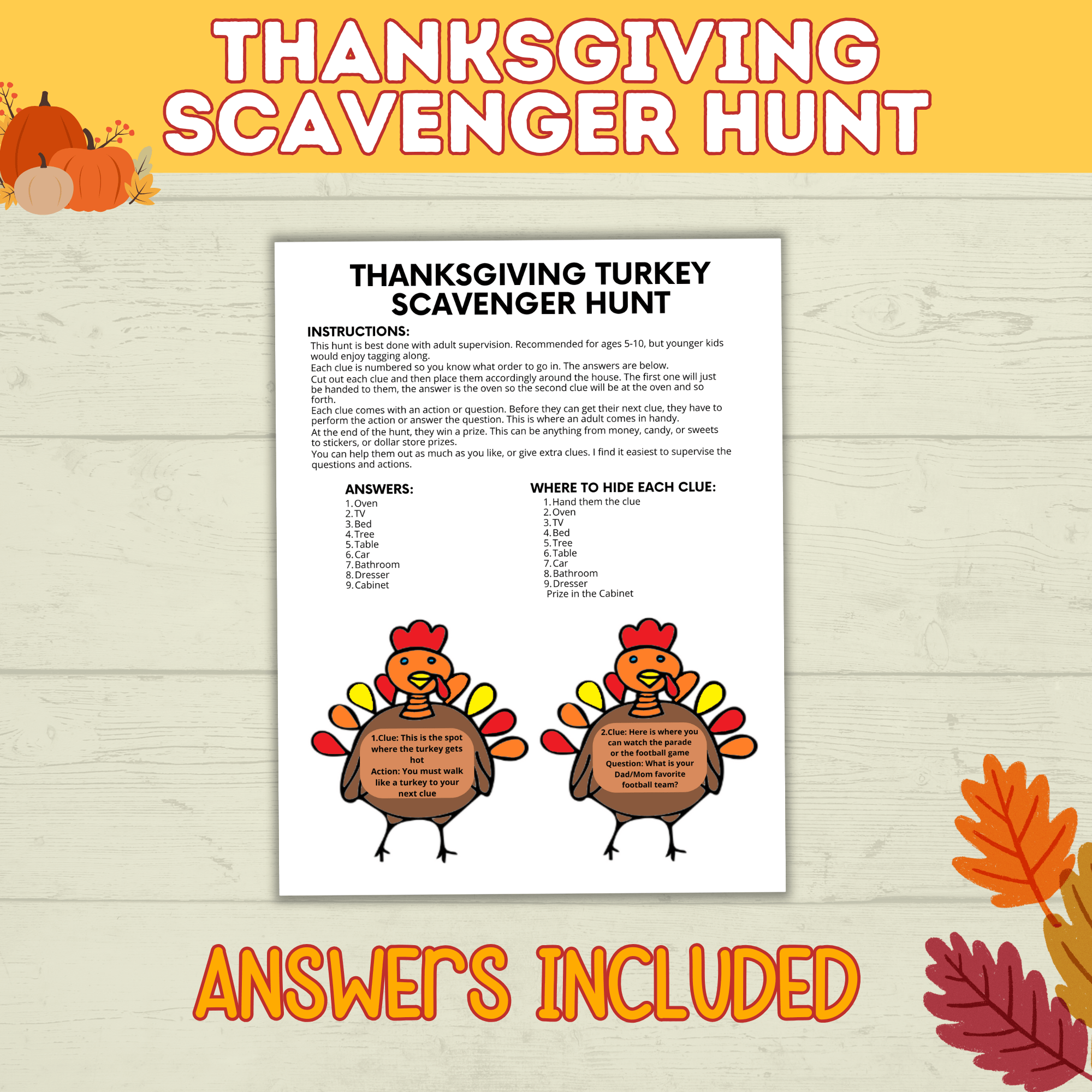 Thanksgiving Scavenger Hunt | Turkey Scavenger Hunt | Kids Thanksgiving Activities | Kids Games | Thanksgiving Games | Digital Download