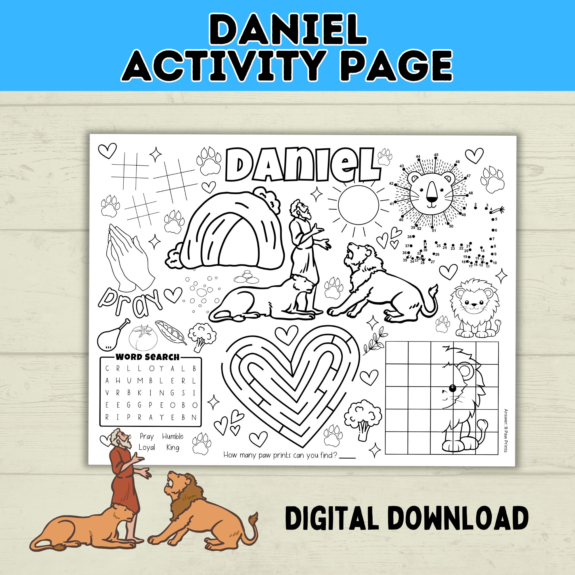 Bible Activity Page | Activity Sheet | Daniel in the Lion's Den | Lion | Homeschool | Christian Game | Kids Bible Printable | PDF