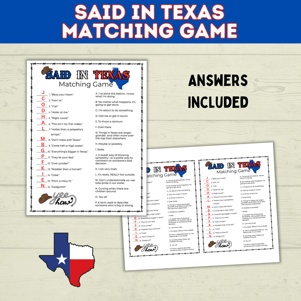 Texas | Texas Game | Texas Party | Said in Texas Matching Game | Texans | Family Game | Kids Game | Printable Game | Instant Download