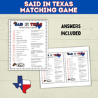 Texas | Texas Game | Texas Party | Said in Texas Matching Game | Texans | Family Game | Kids Game | Printable Game | Instant Download