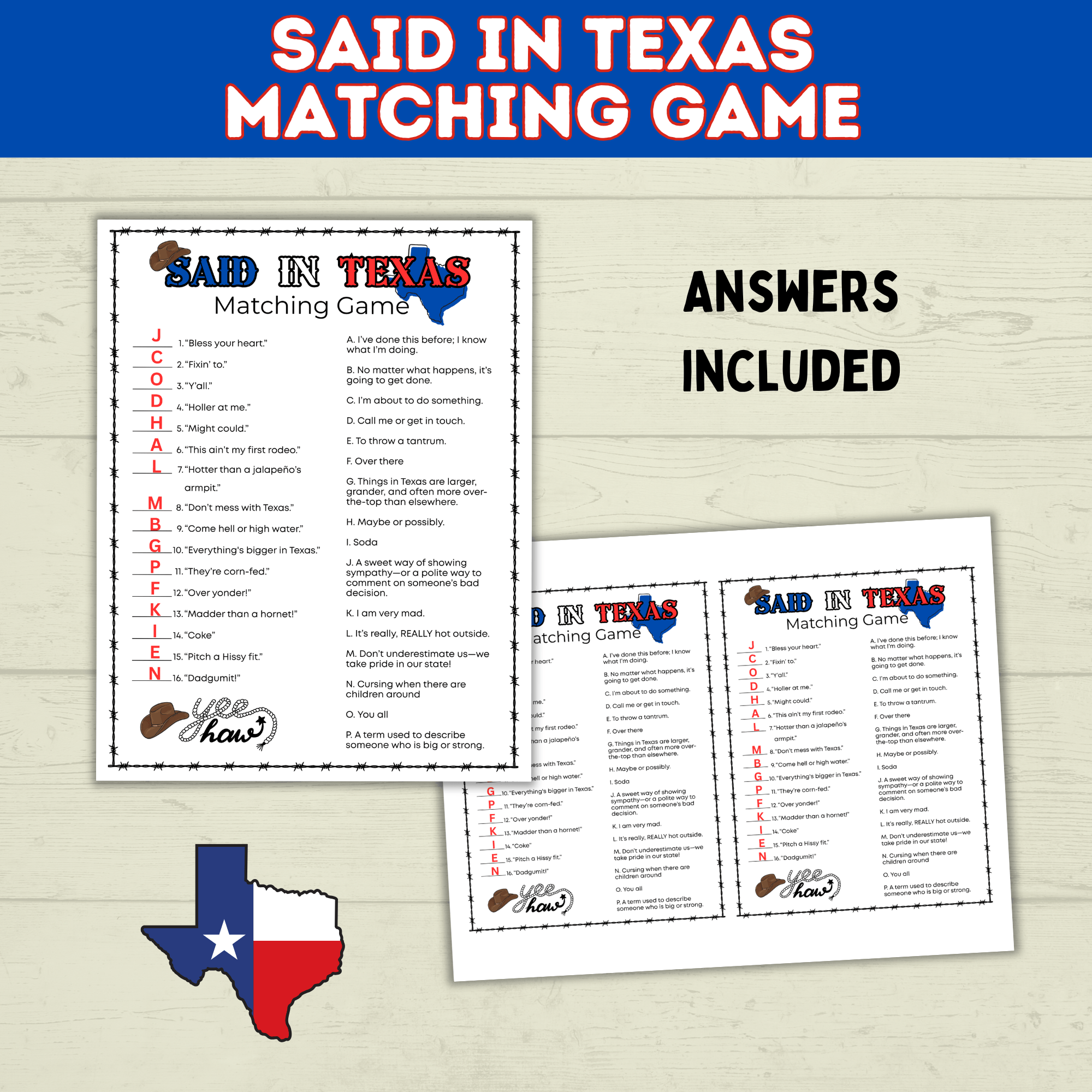 Texas | Texas Game | Texas Party | Said in Texas Matching Game | Texans | Family Game | Kids Game | Printable Game | Instant Download