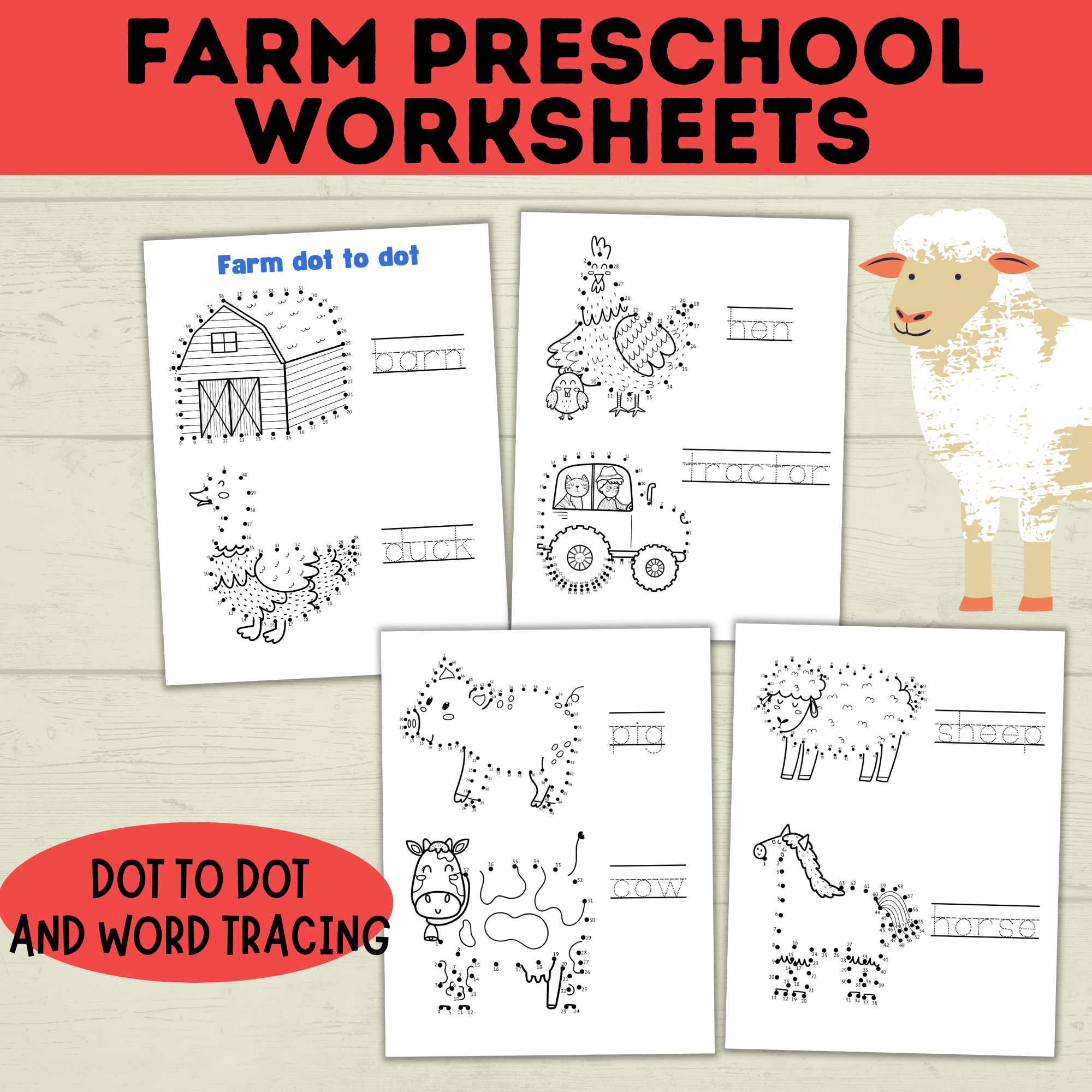 Farm Preschool Worksheets | Farm Activity | Farm Printables | Counting Printable | Toddler Counting | Word Tracing | Letter Recognition