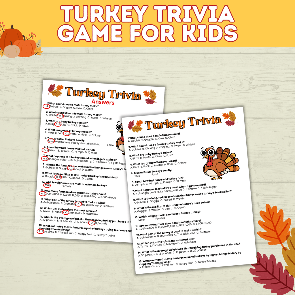 Turkey Trivia | Thanksgiving Trivia | Trivia for Kids | Digital Download | Thanksgiving Games | Thanksgiving Activities | Thanksgiving