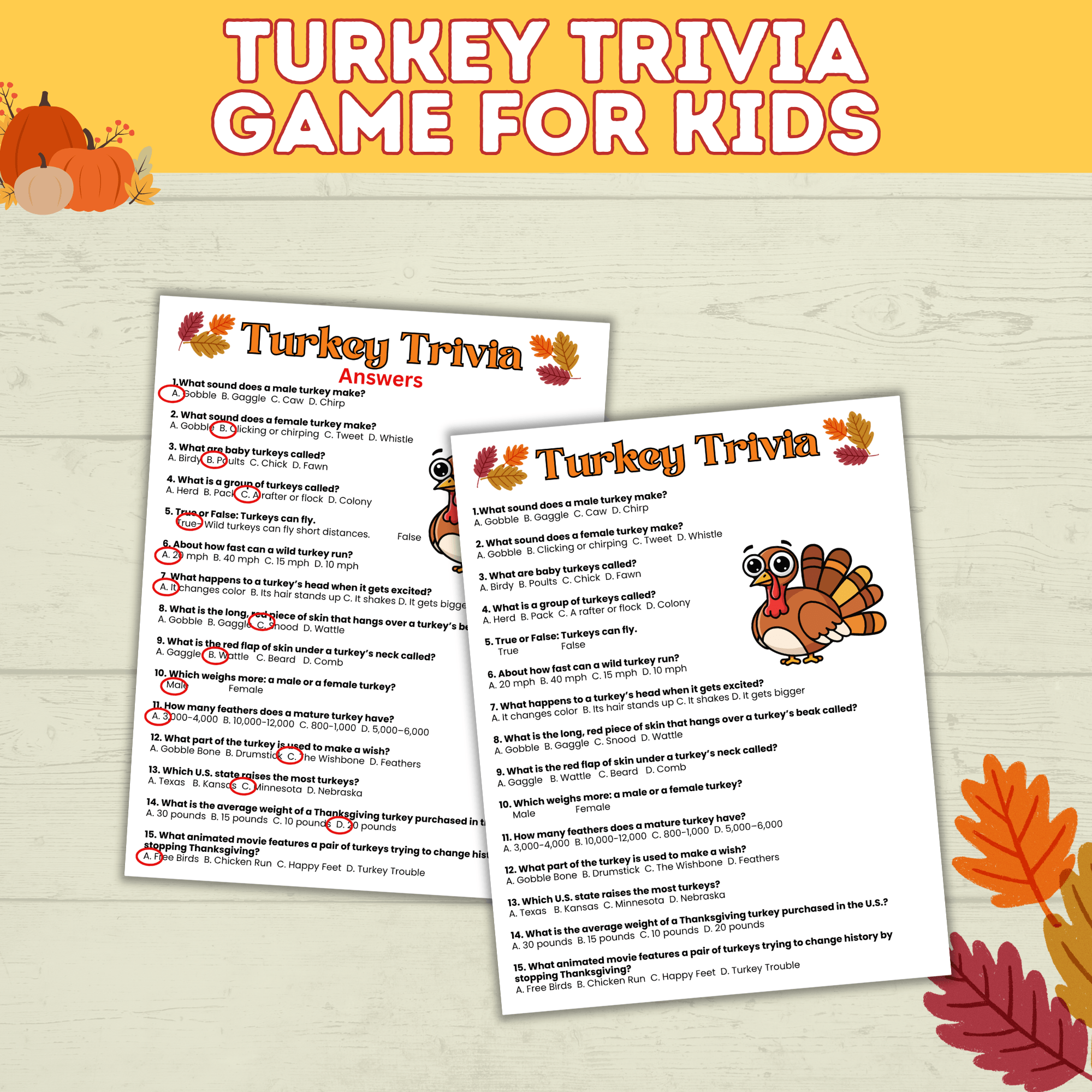 Turkey Trivia | Thanksgiving Trivia | Trivia for Kids | Digital Download | Thanksgiving Games | Thanksgiving Activities | Thanksgiving