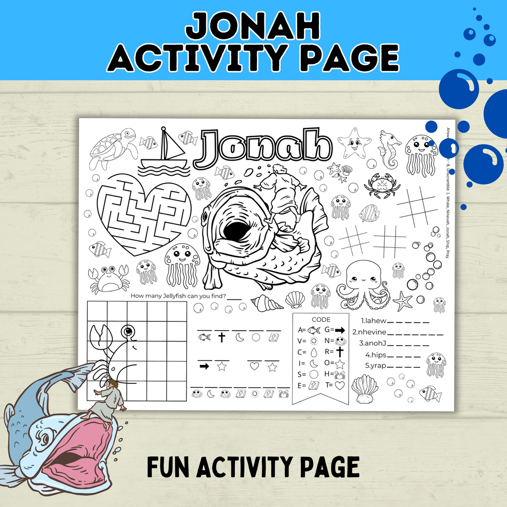 Jonah and The Whale Activity Page | Bible Activity Page | Kids Coloring Page | Sunday School Lesson | Kids Printables | Bible Story
