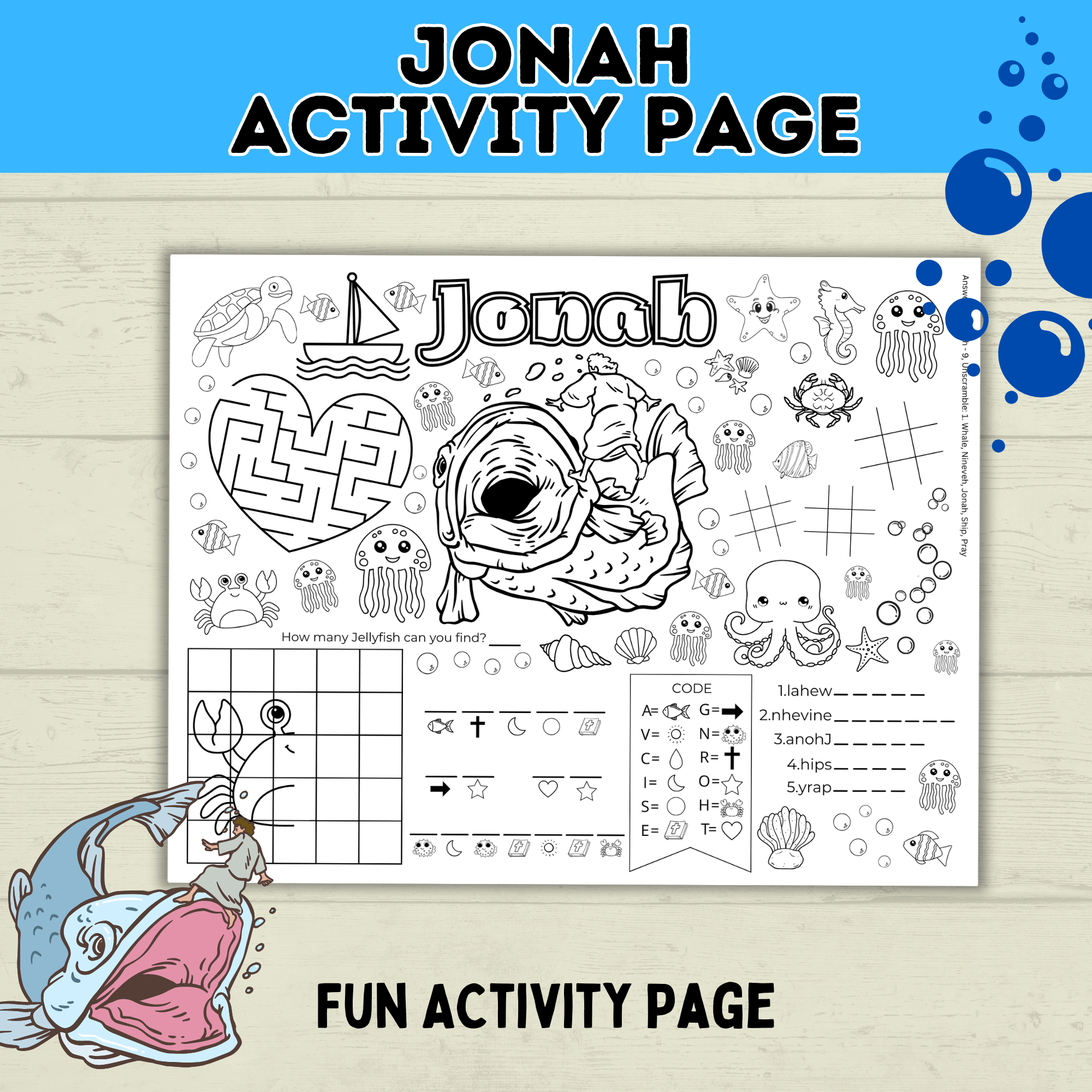 Jonah and The Whale Activity Page | Bible Activity Page | Kids Coloring Page | Sunday School Lesson | Kids Printables | Bible Story