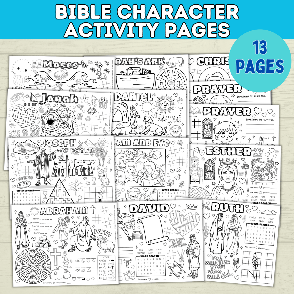 Bible Activity Sheets | Kids Coloring Pages | Bible Lesson Plans | Moses | Abraham | Noah | Esther | Ruth | Digital Download | Printables