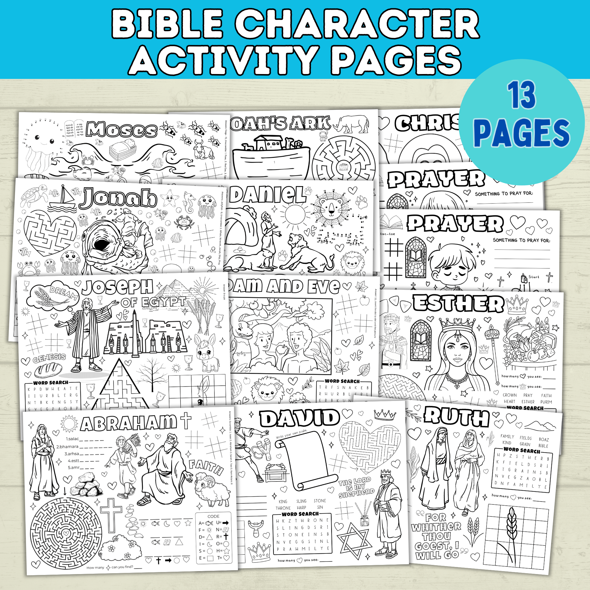 Bible Activity Sheets | Kids Coloring Pages | Bible Lesson Plans | Moses | Abraham | Noah | Esther | Ruth | Digital Download | Printables