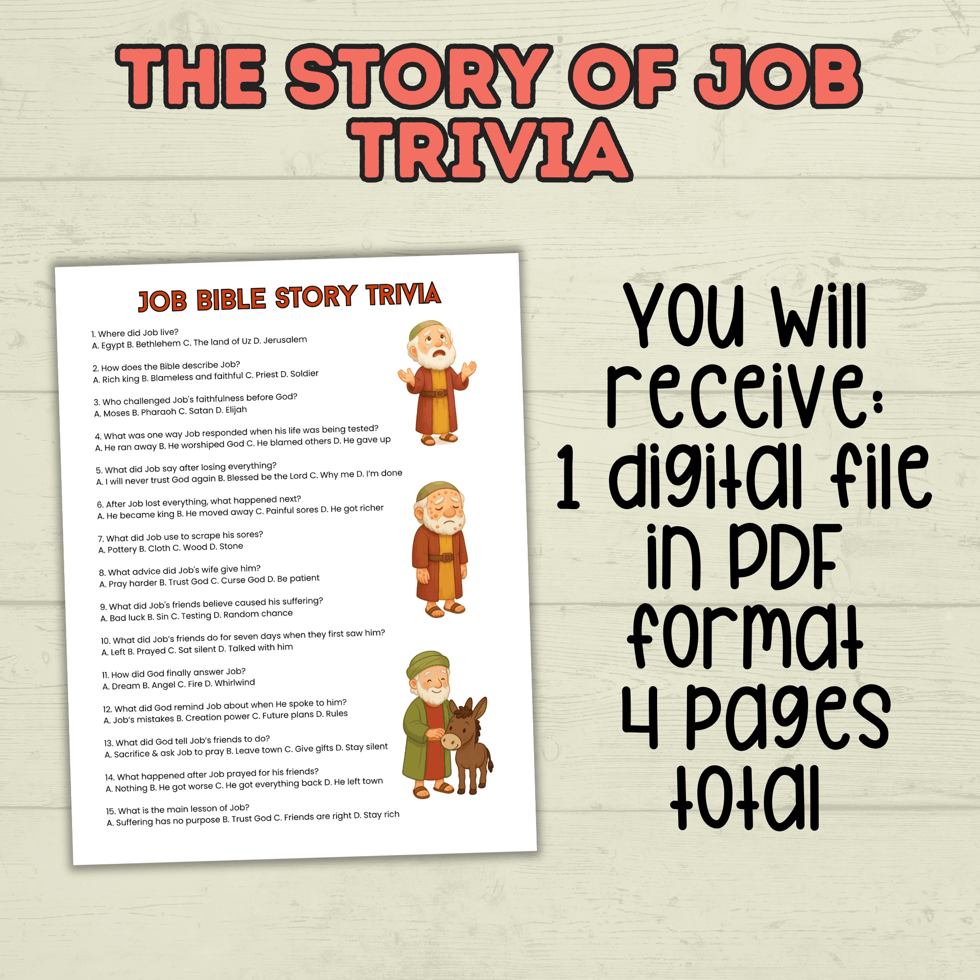 Job Trivia, Job Bible Story Trivia, Kids Trivia, Sunday School Activity, Bible Christian Game
