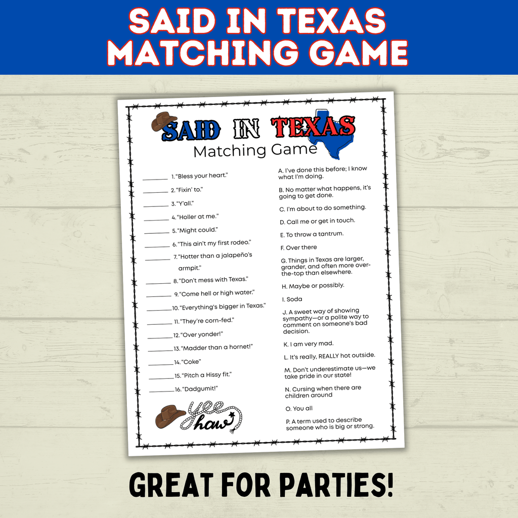 Texas | Texas Game | Texas Party | Said in Texas Matching Game | Texans | Family Game | Kids Game | Printable Game | Instant Download