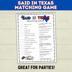 Texas | Texas Game | Texas Party | Said in Texas Matching Game | Texans | Family Game | Kids Game | Printable Game | Instant Download