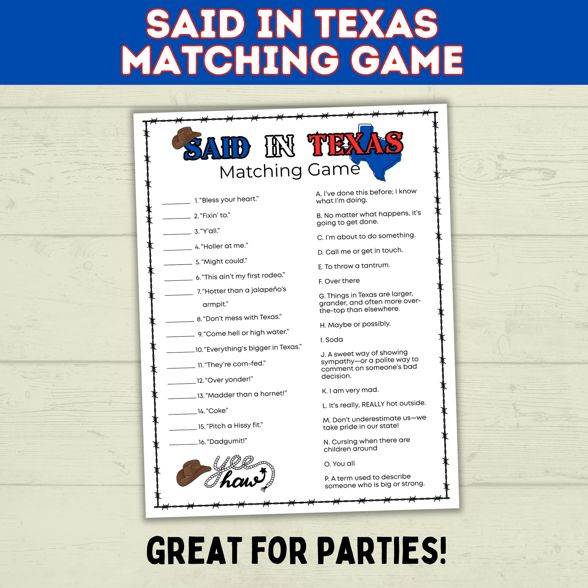 Texas | Texas Game | Texas Party | Said in Texas Matching Game | Texans | Family Game | Kids Game | Printable Game | Instant Download