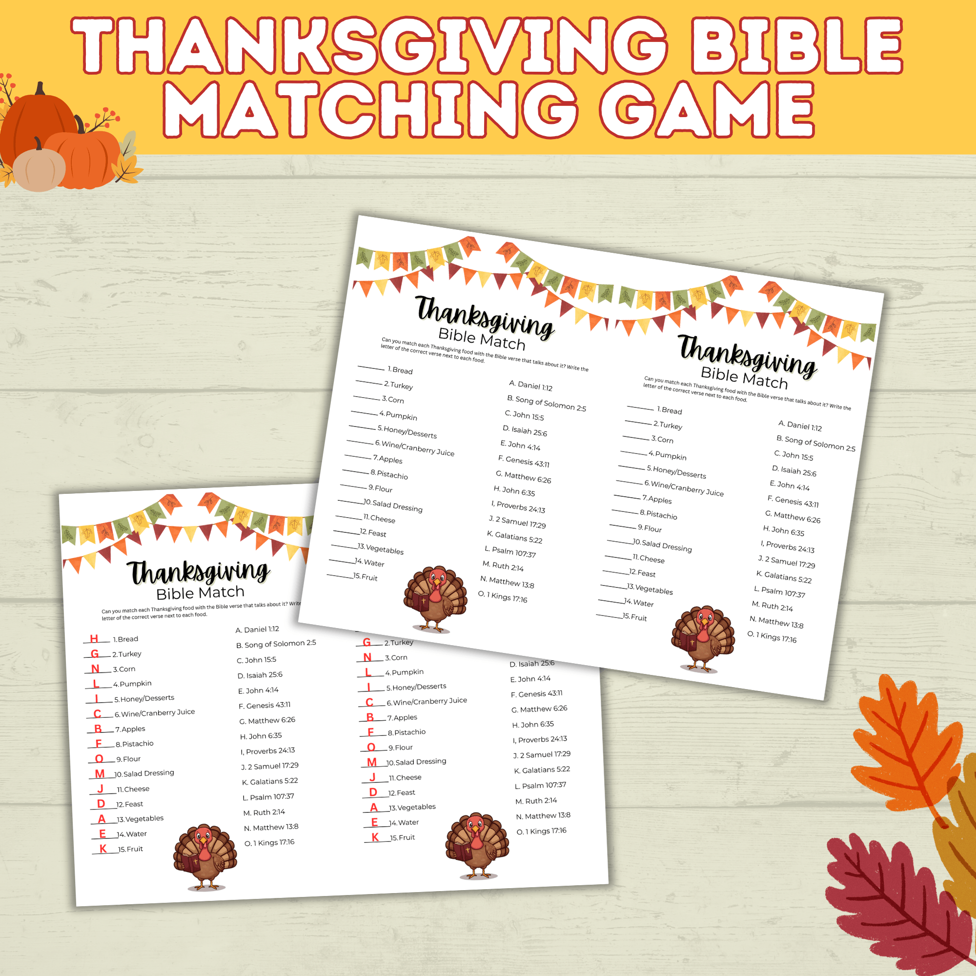 Thanksgiving Bible Match Game Printable for Kids and Adults | Digital Download in 2 Sizes | PDF Bible Game | Thanksgiving Printables