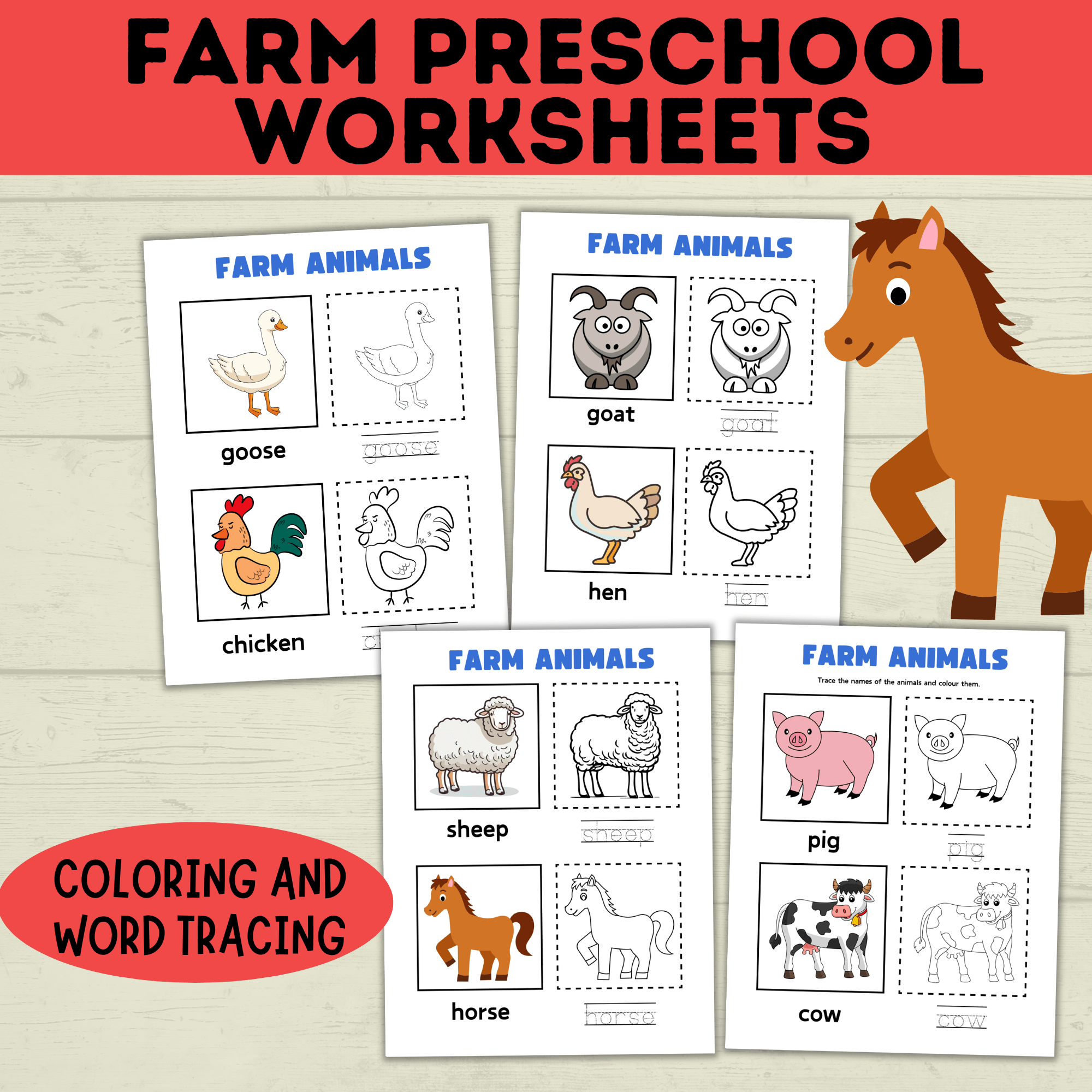 Farm Preschool Worksheets | Farm Activity | Farm Printables | Counting Printable | Toddler Counting | Word Tracing | Letter Recognition